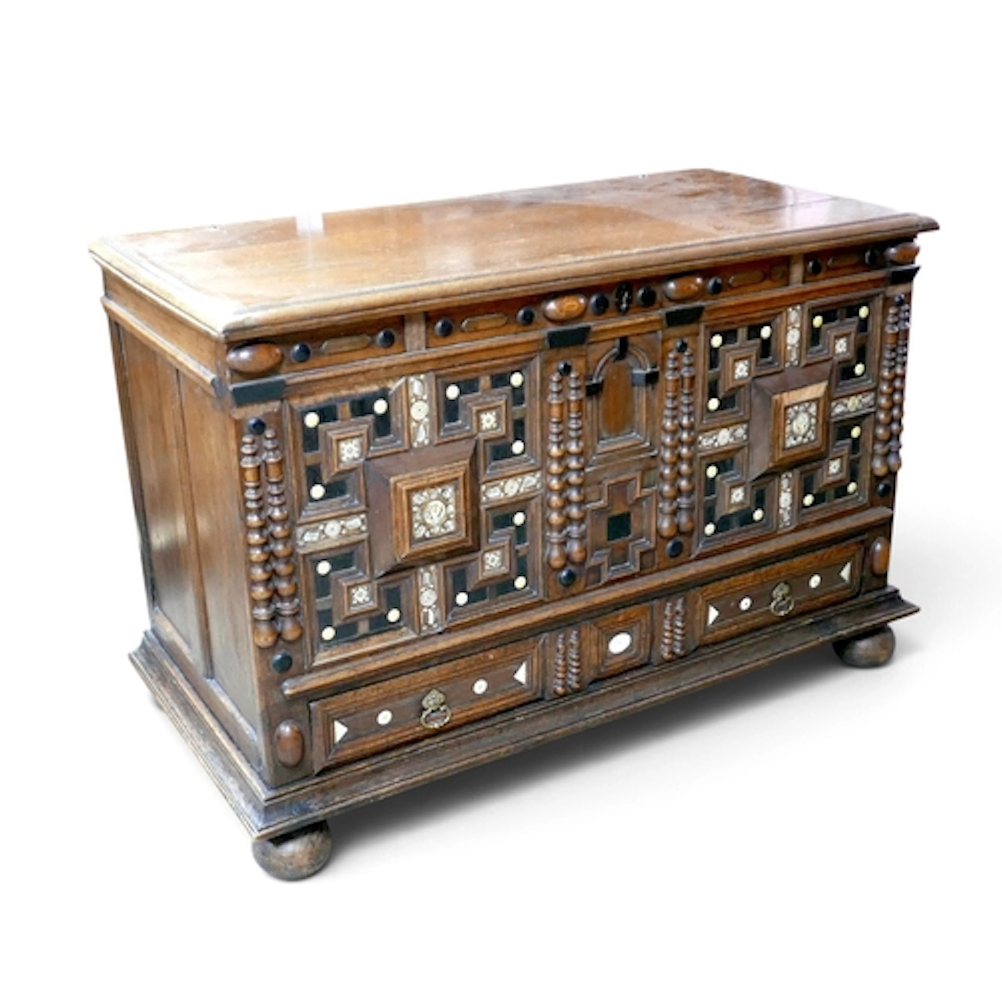 A 17TH CENTURY DUTCH STYLE OAK MULE CHEST. With geometric mo...