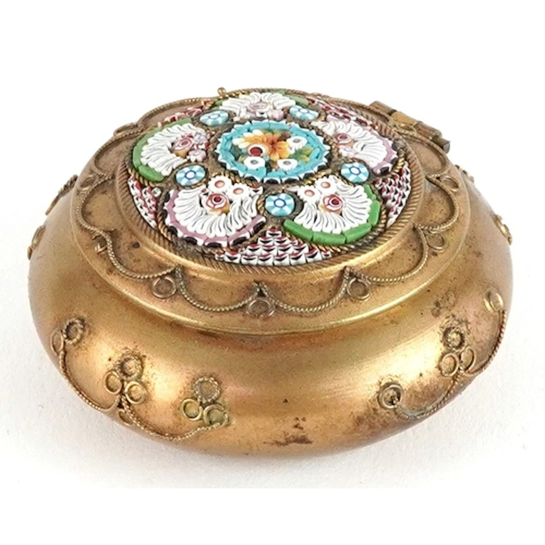 19th/20th century circular brass trinket box with floral mic...