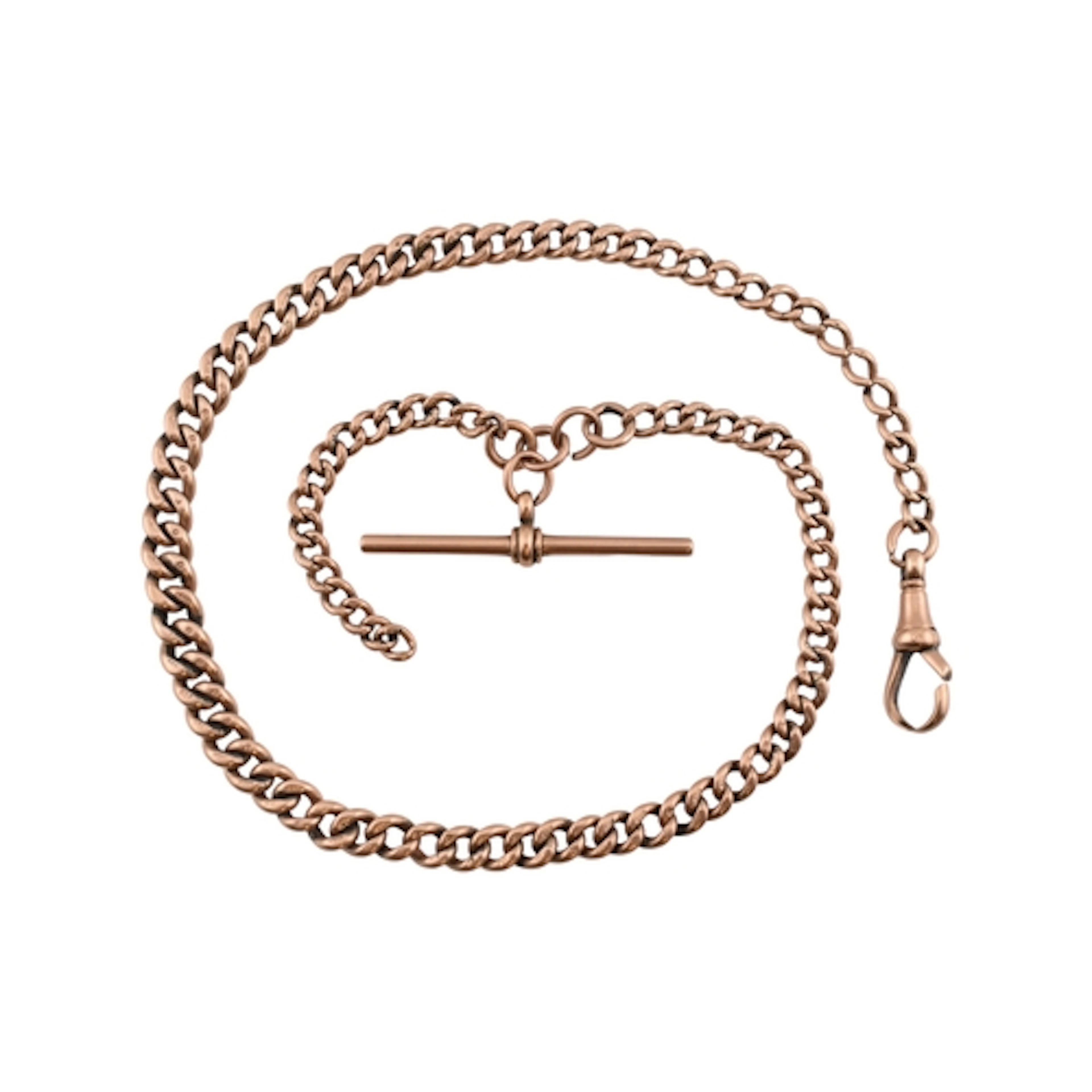 An early 20th century 9ct gold watch chain with t-bar. Indiv...