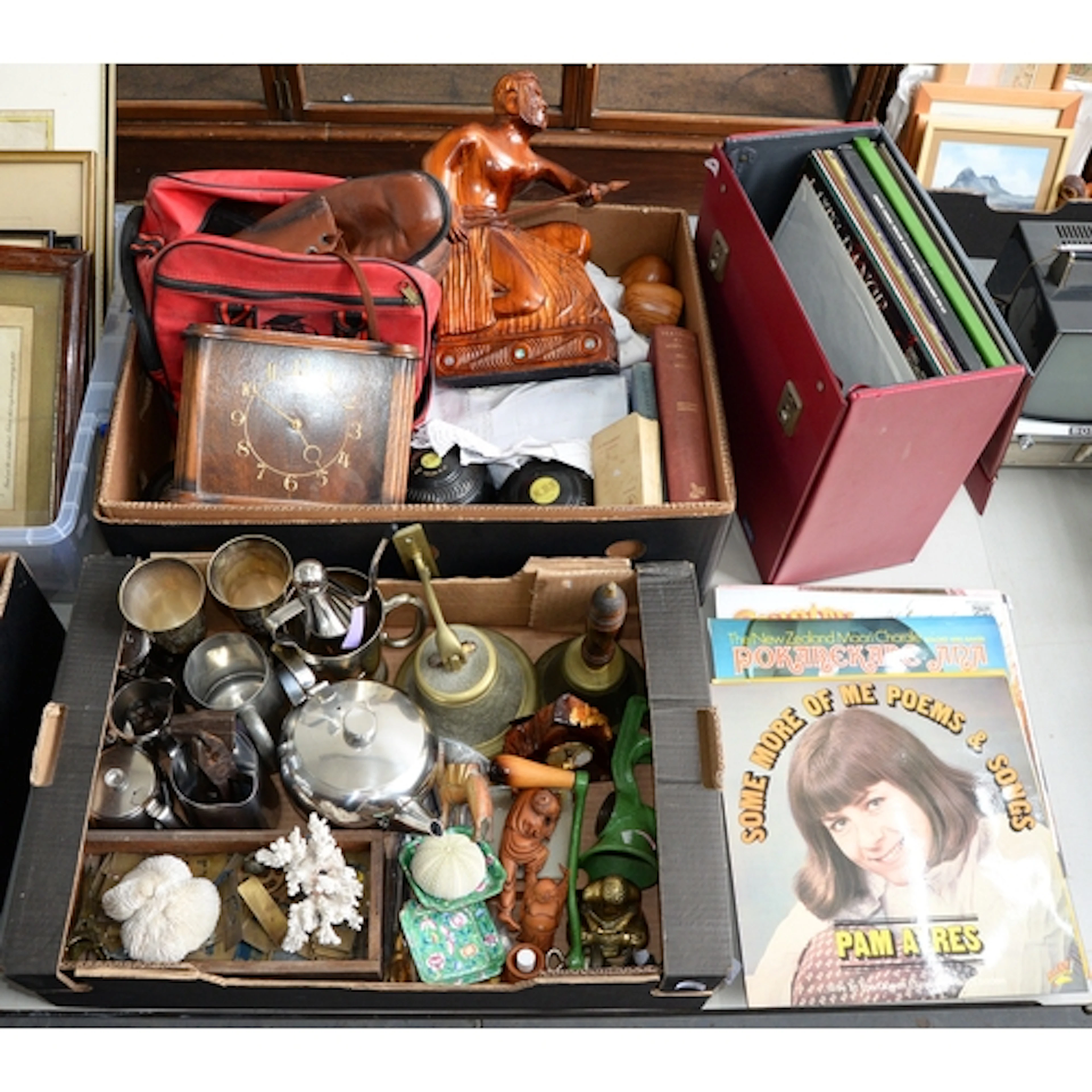 Miscellaneous metalware and treen, to include a set of brass...