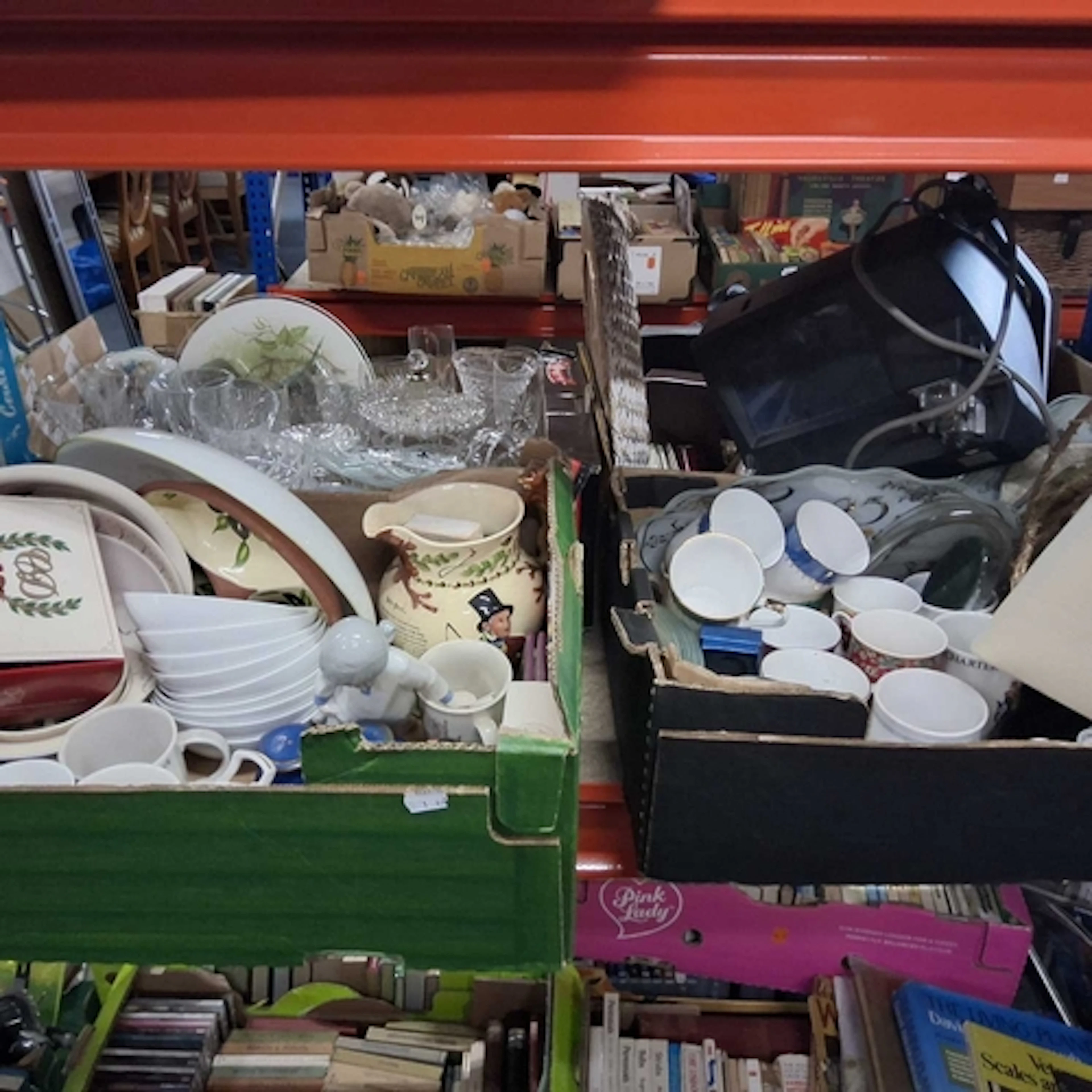 FOUR BOXES OF GLASS, CERAMICS, AND ORNAMENTS to include a gr...