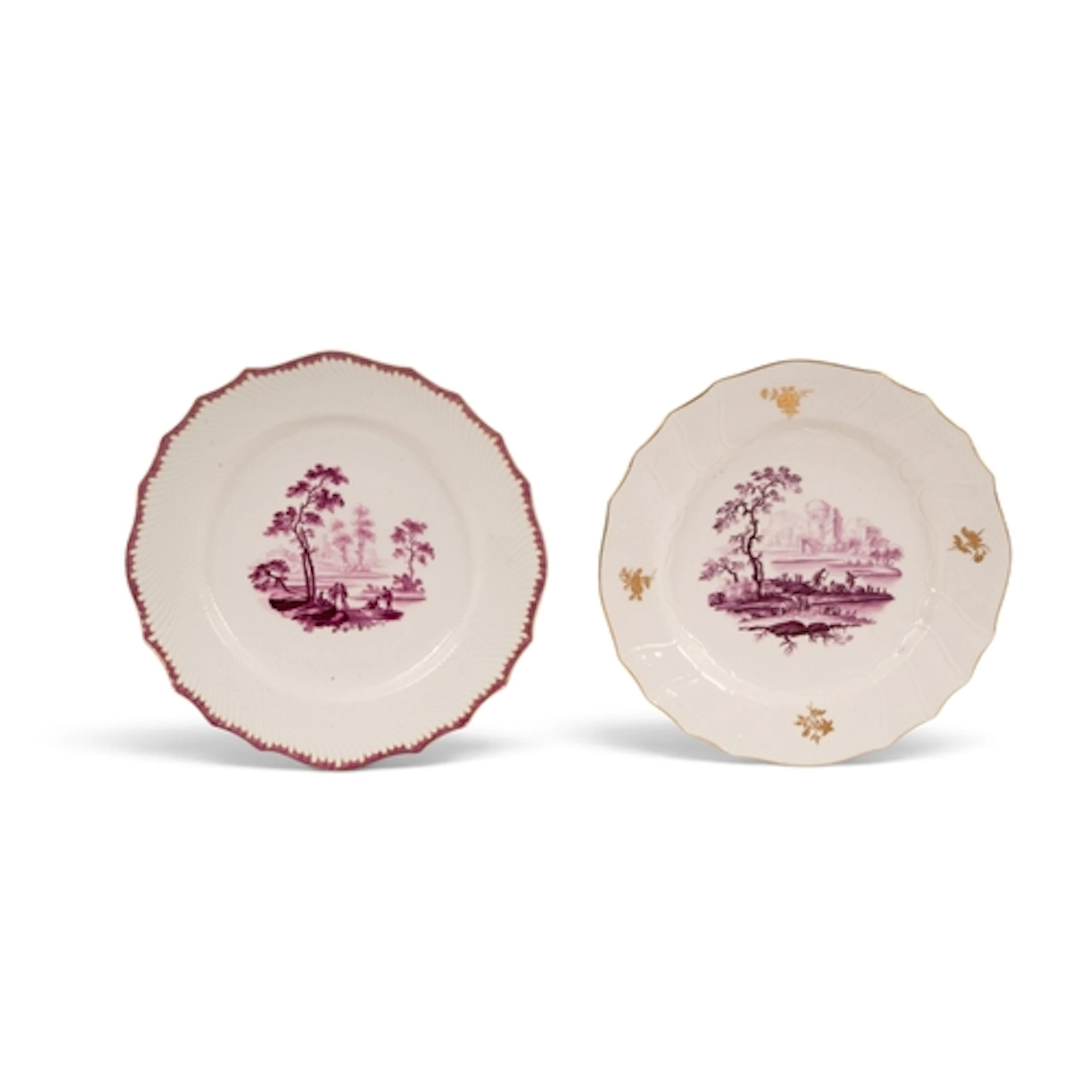 Two Tournai landscape plates, c.1763-74, one painted in purp...