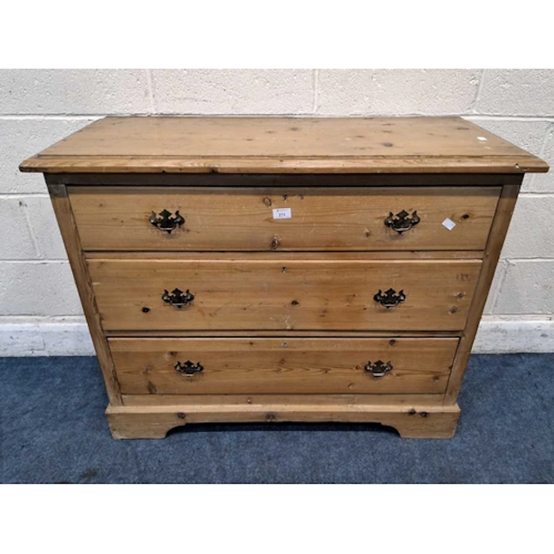 A 19TH CENTURY PINE CHEST OF THREE LONG DRAWERS (width 105c...