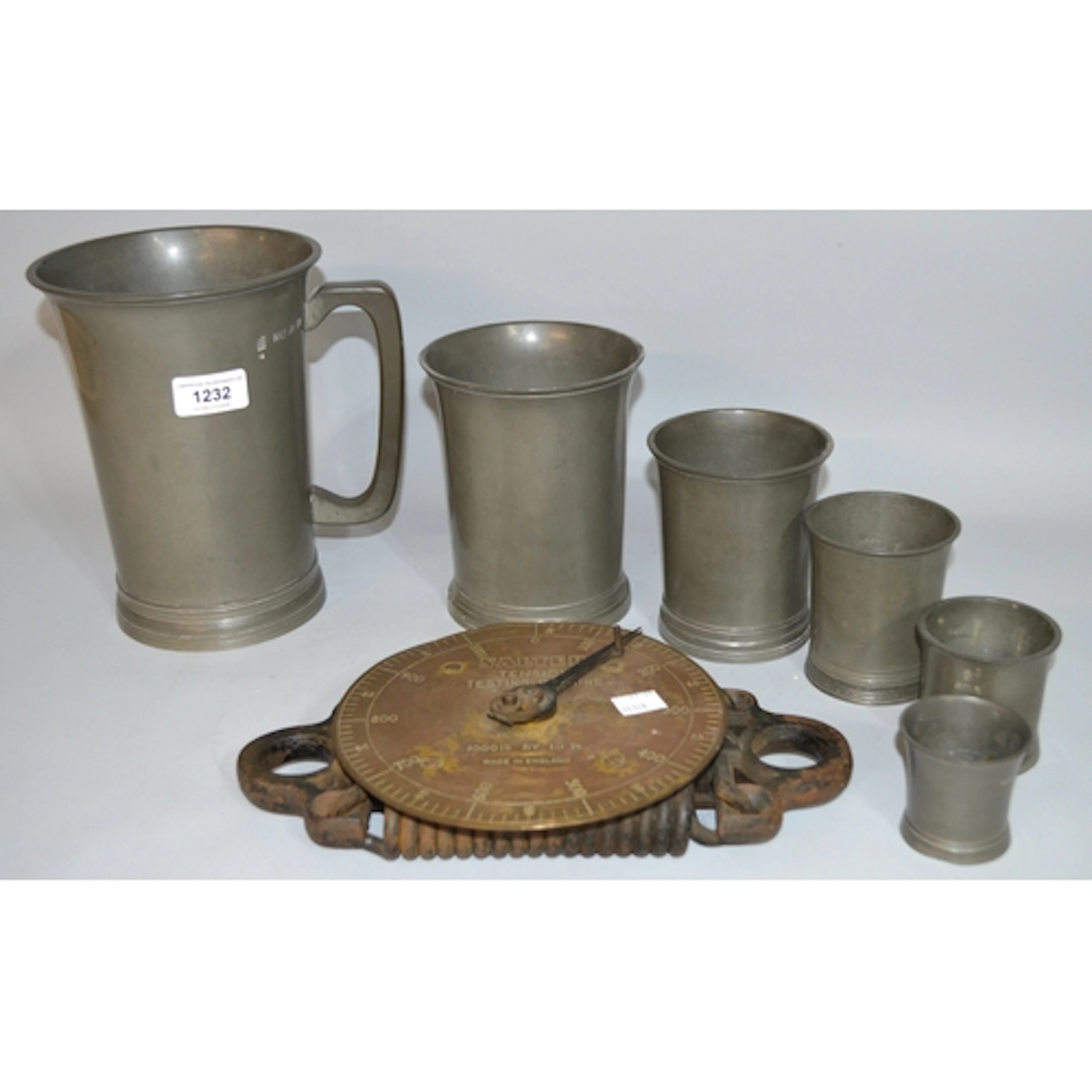 Graduated set of pewter measures, together with a Salter spr...
