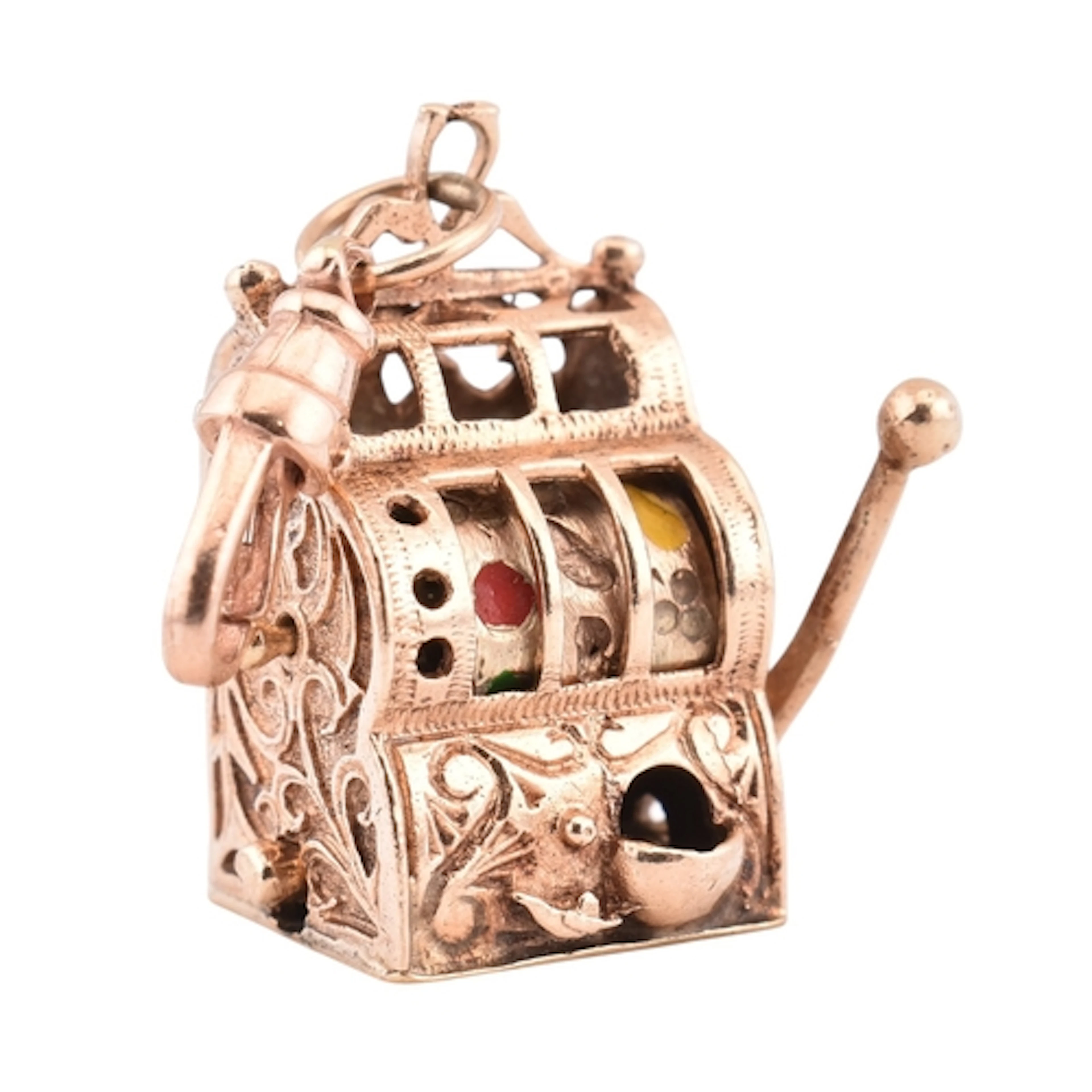 A novelty hallmarked 9ct gold one-armed bandit game machine ...