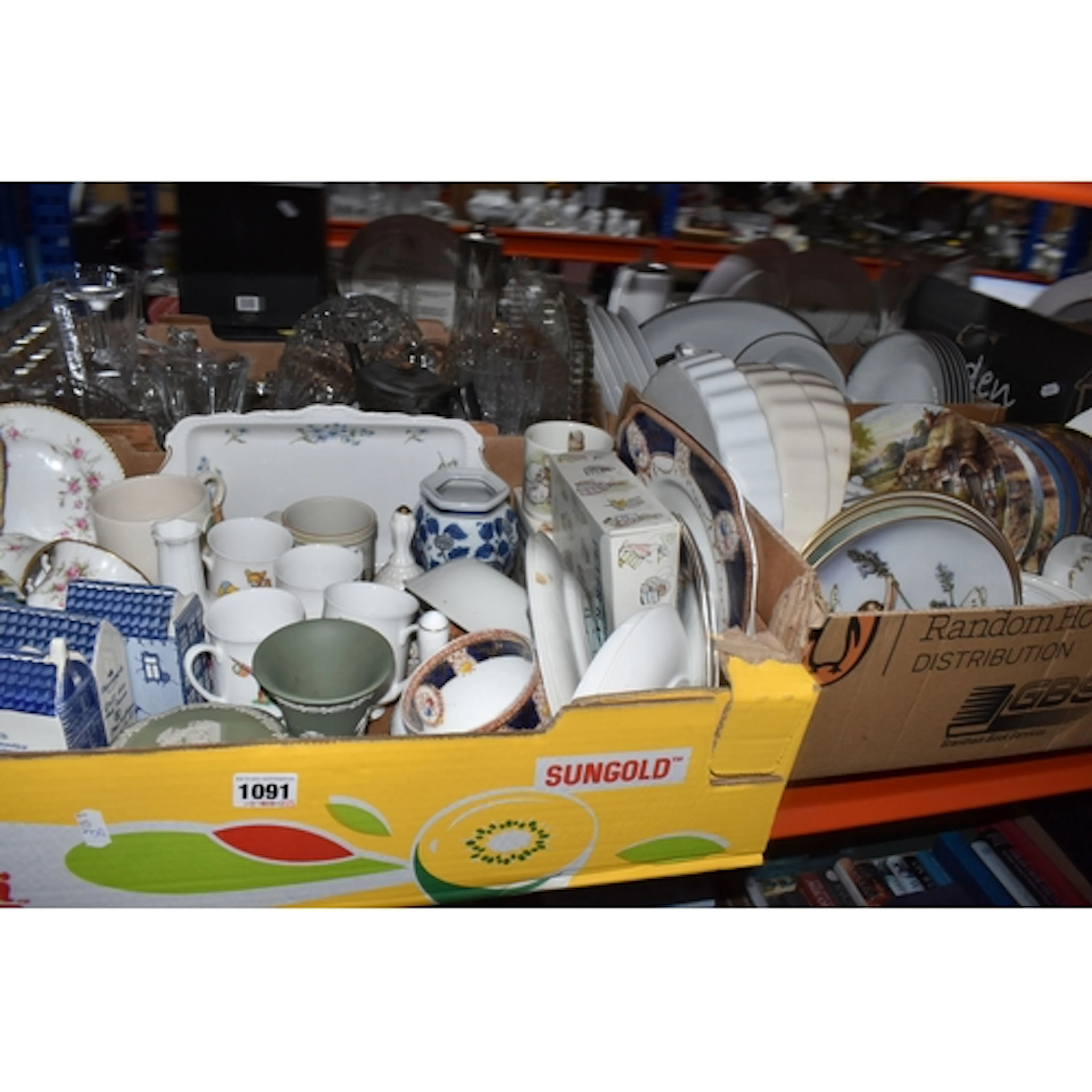 FOUR BOXES OF CERAMICS AND GLASS WARE, to include two Parago...