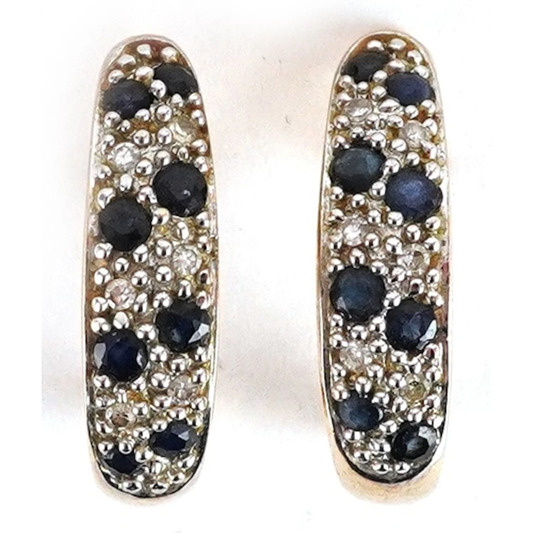 Pair of 9ct gold diamond and blue spinel half hoop earrings,...