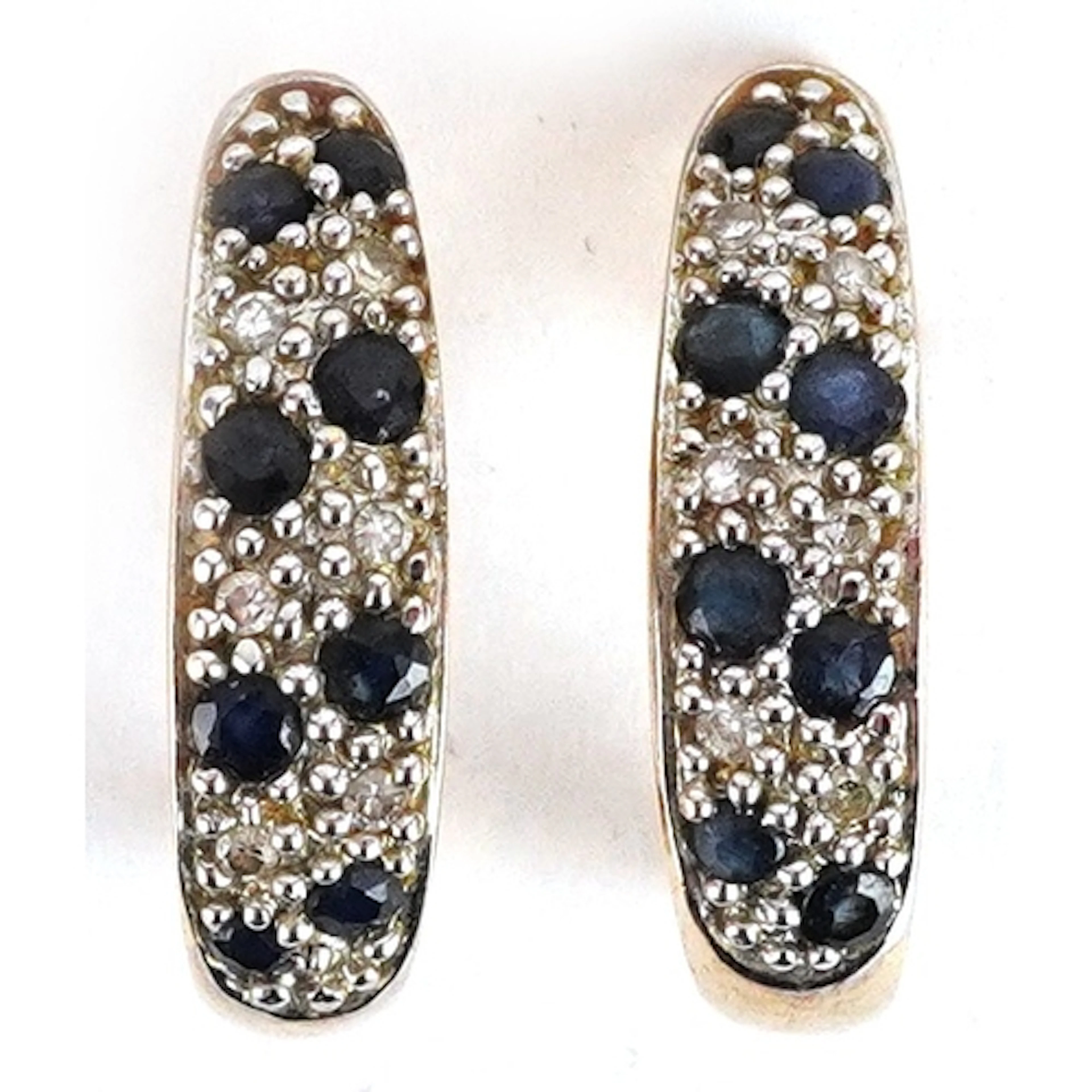 Pair of 9ct gold diamond and blue spinel half hoop earrings,...