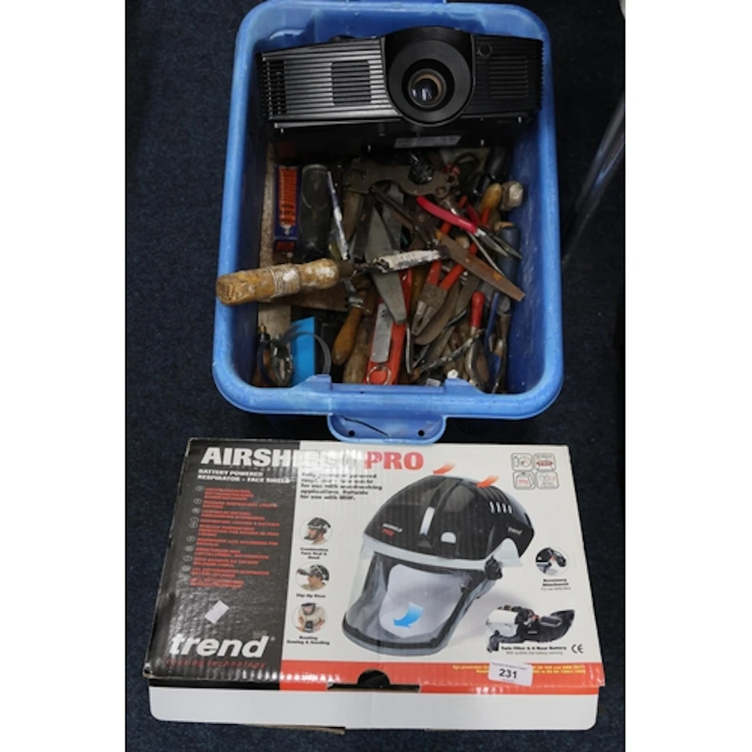 Box containing tools to include hammers, chisels, pliers, fi...