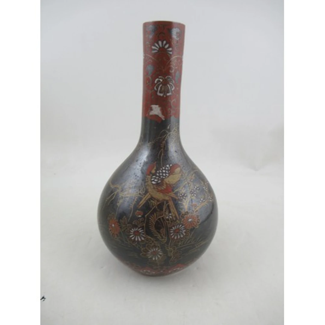 A Japanese bottle vase, decorated in the cloisonne style wit...