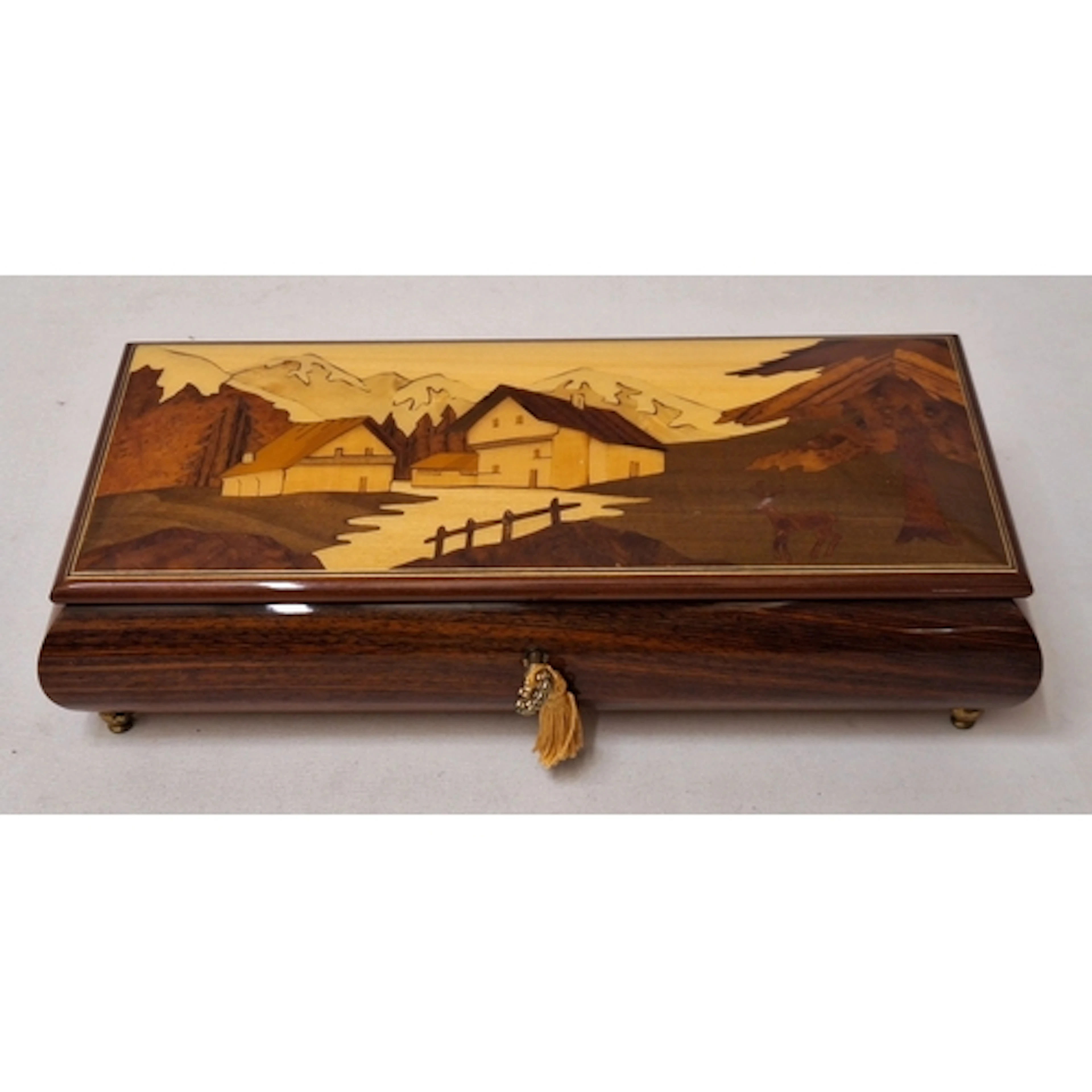 Vintage Musical Jewellery Box with inlaid mountainous scene ...