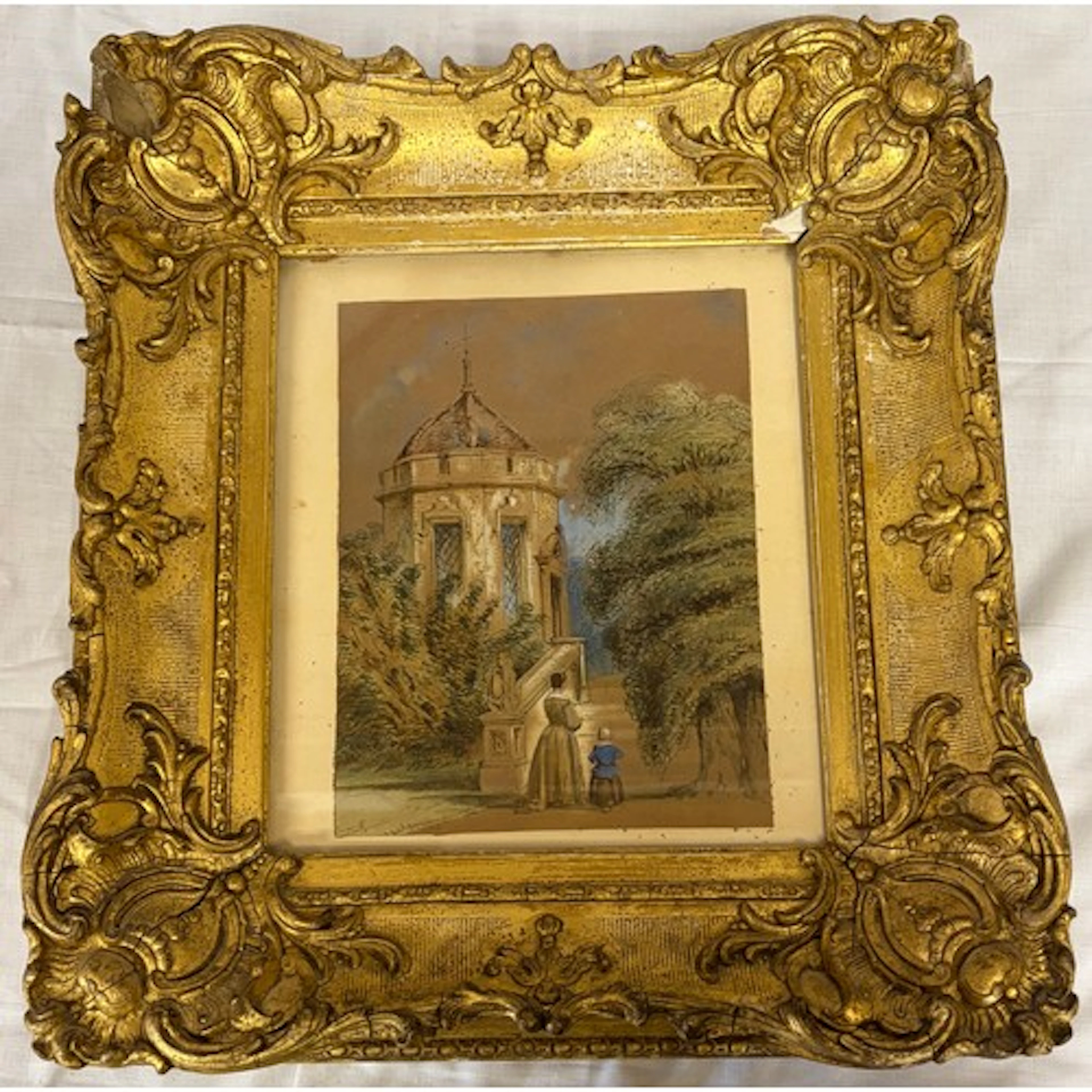 Watercolour of woman and child in garden setting with gothic...