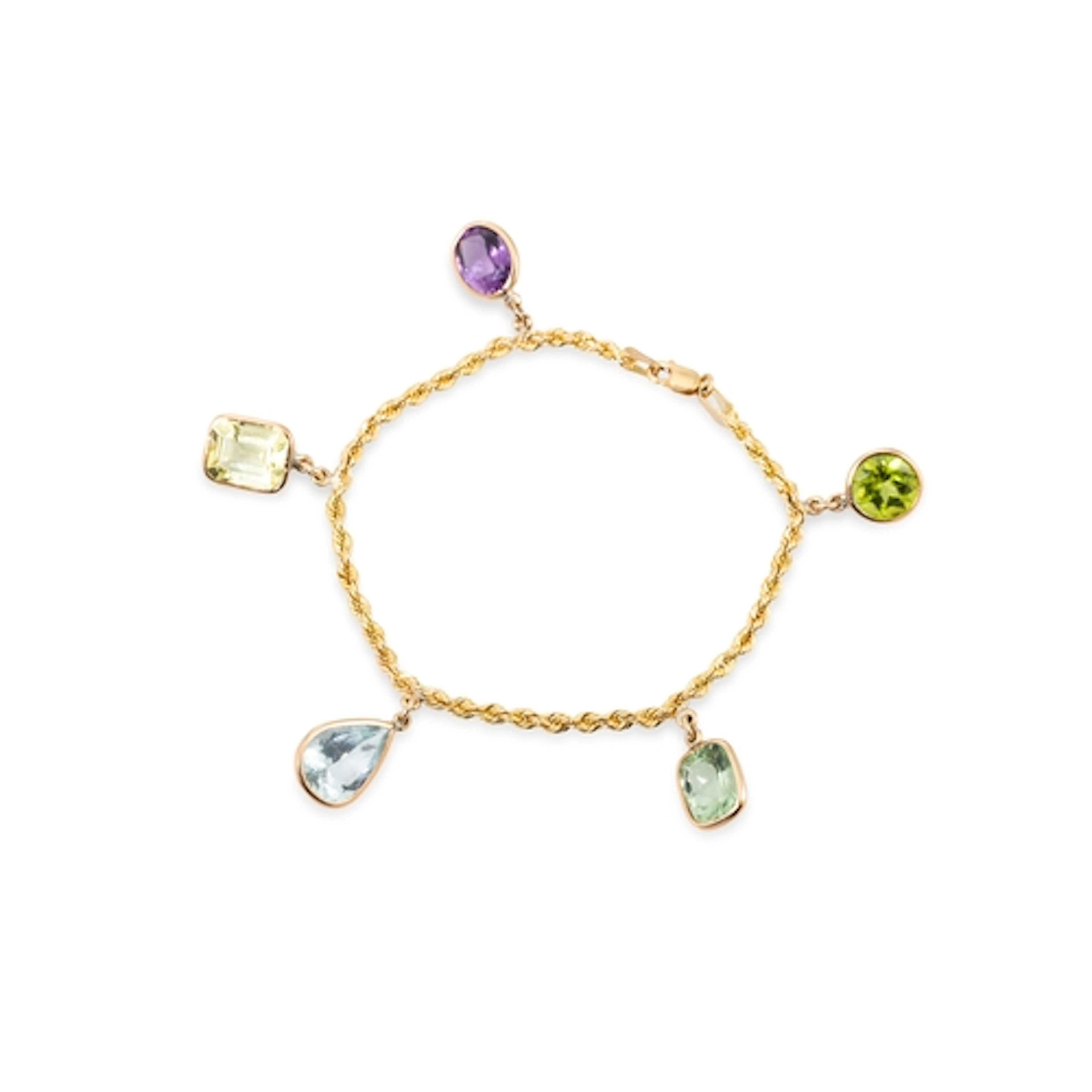 AN AQUAMARINE, PERIDOT, AMETHYST AND QUARTZ BRACELET, the co...