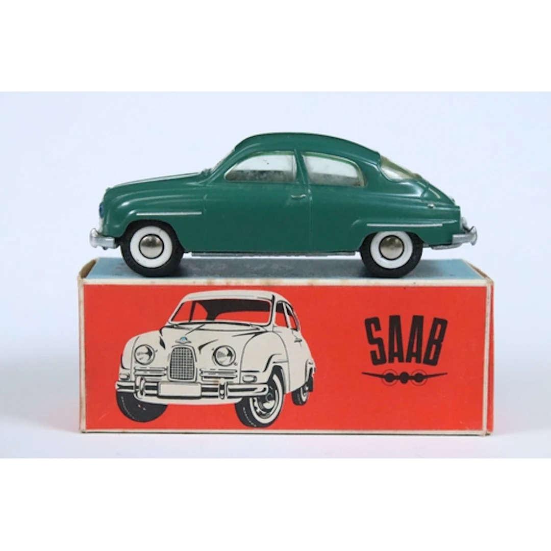 Boxed Tekno 827 Saab 96 diecast model in green with cream in...