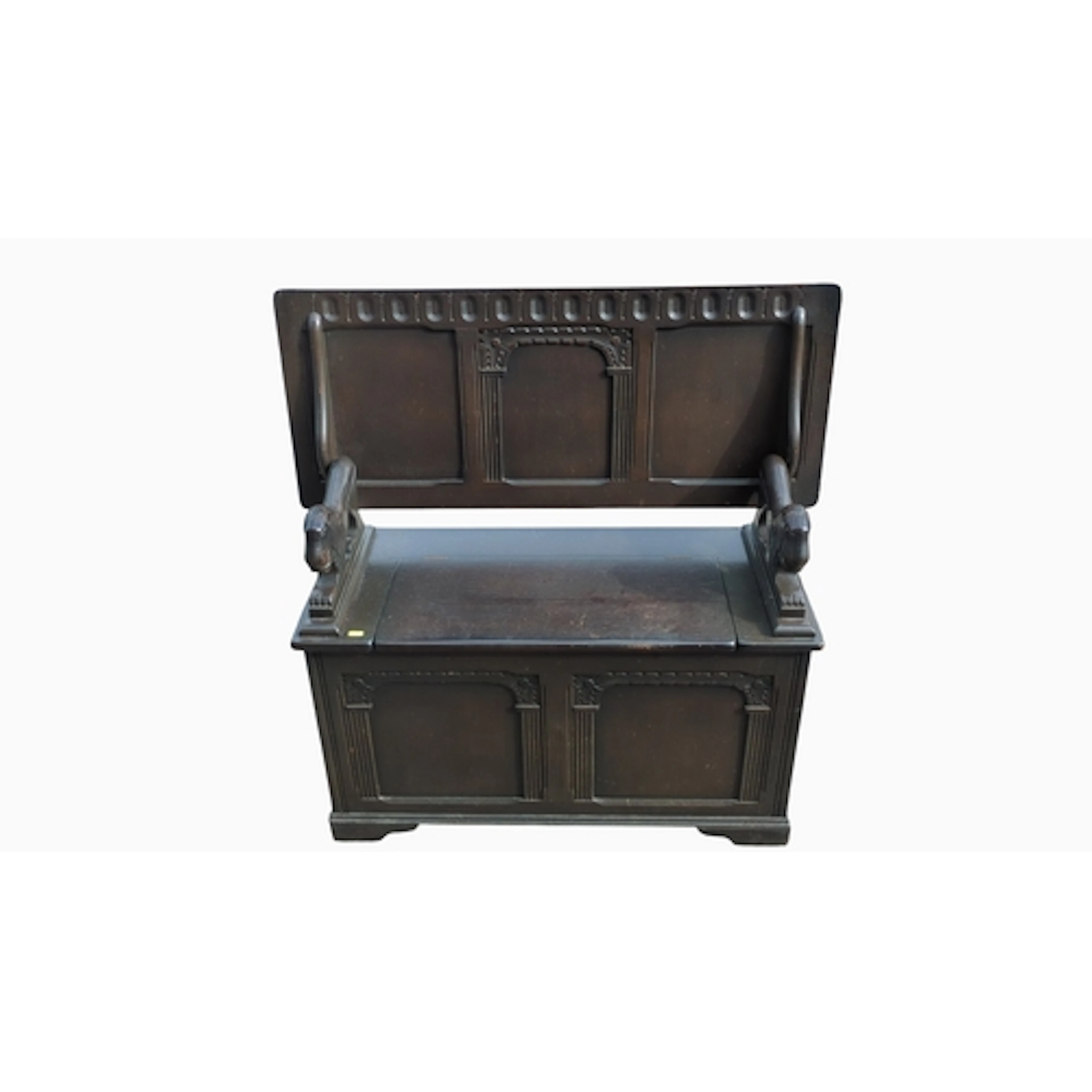Oak monk's bench with a hinged, three-panel top converting f...