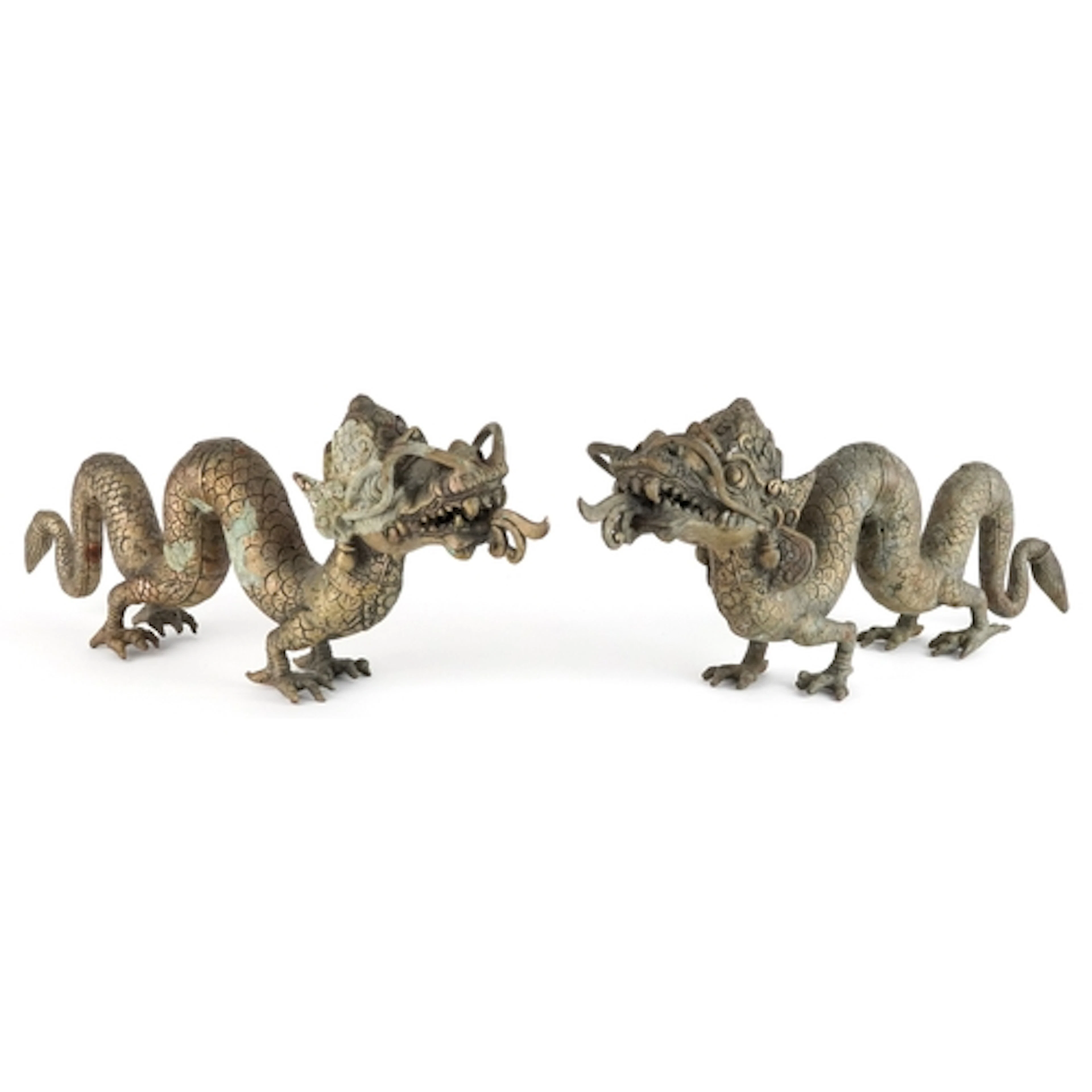 Pair of cast brass Chinese dragon figurines, the largest 44c...