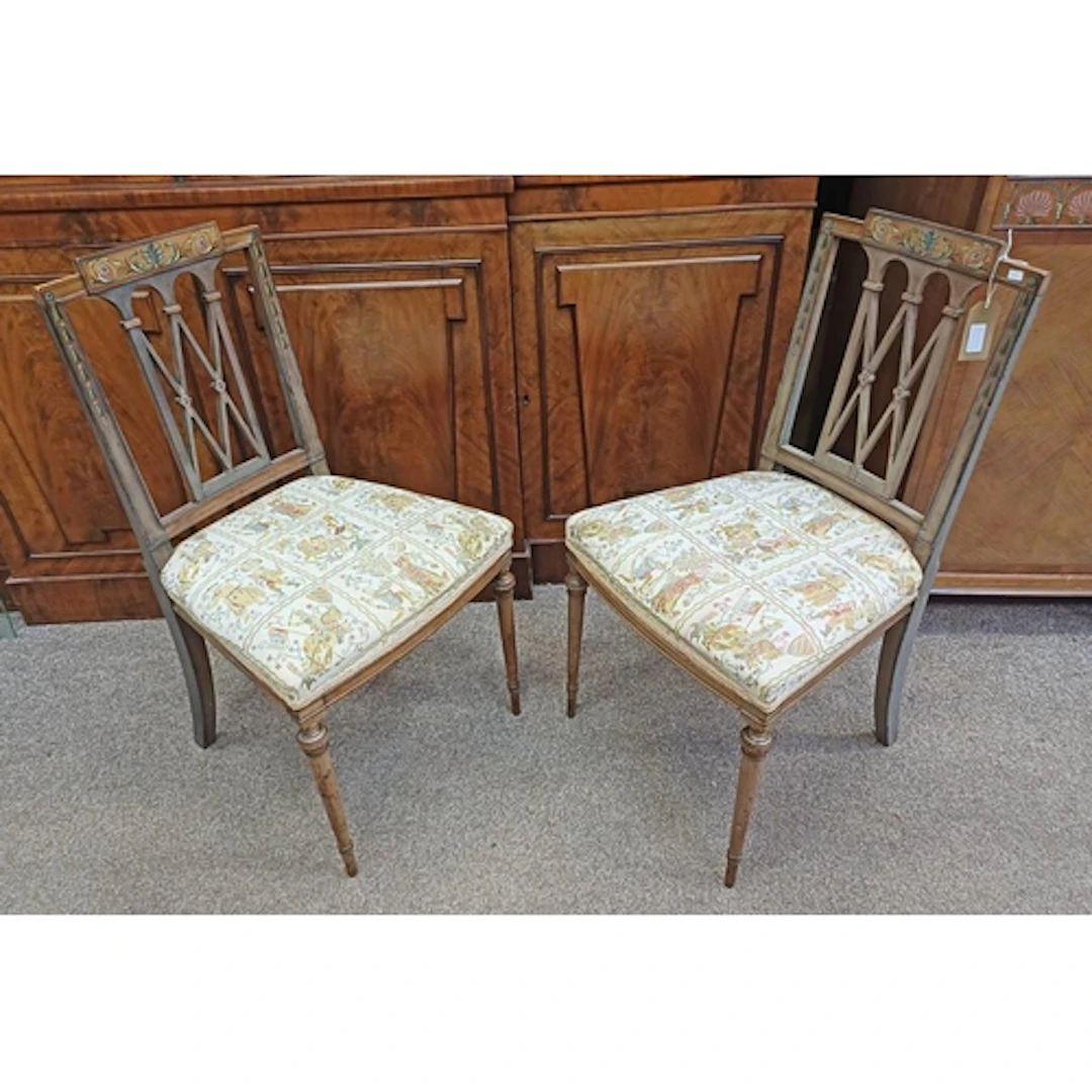 PAIR OF REGENCY STYLE SATIN HAND CHAIRS WITH FRETWORK BACKS,...
