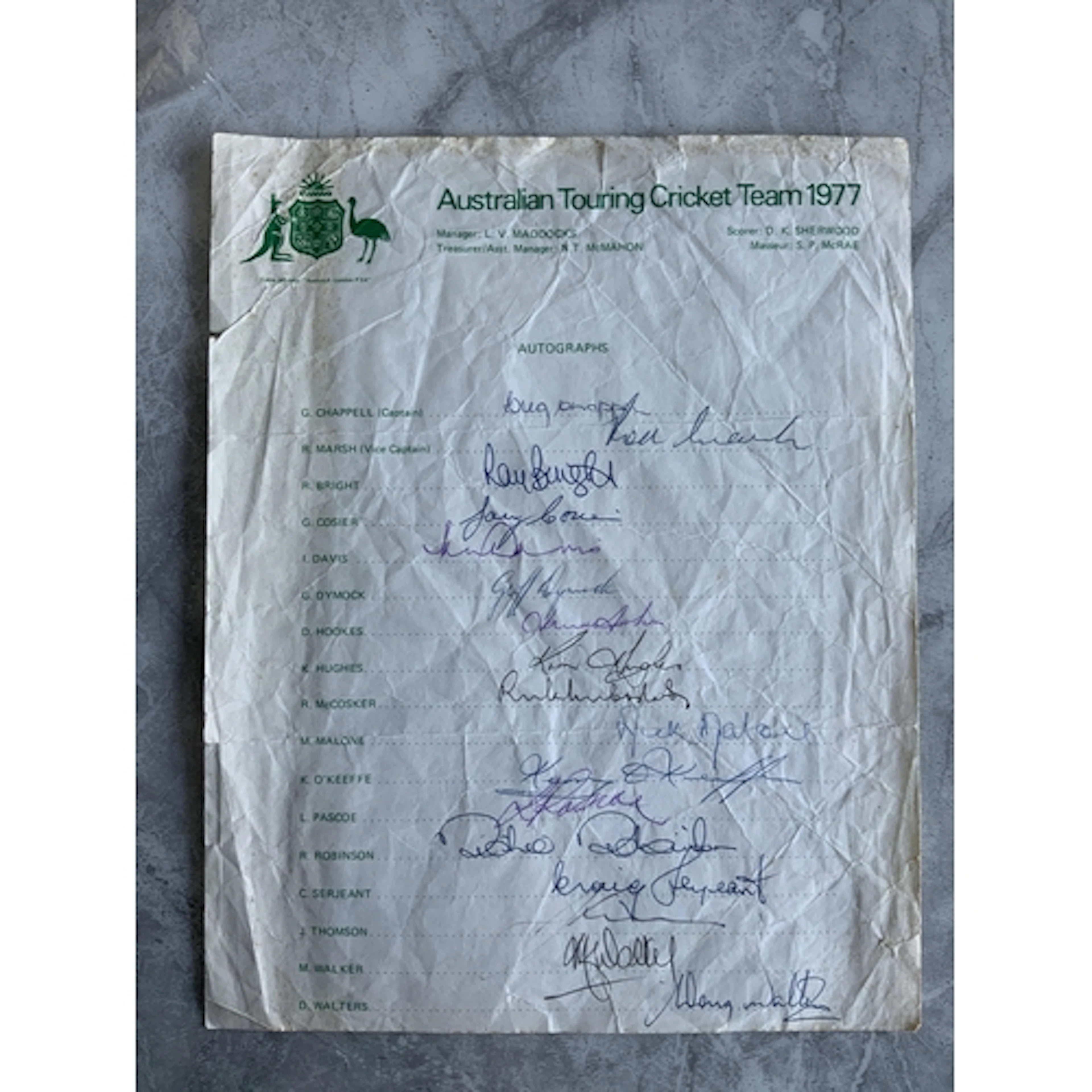 Signed Cricket Memorabilia: A4 creased page signed by 17 Aus...