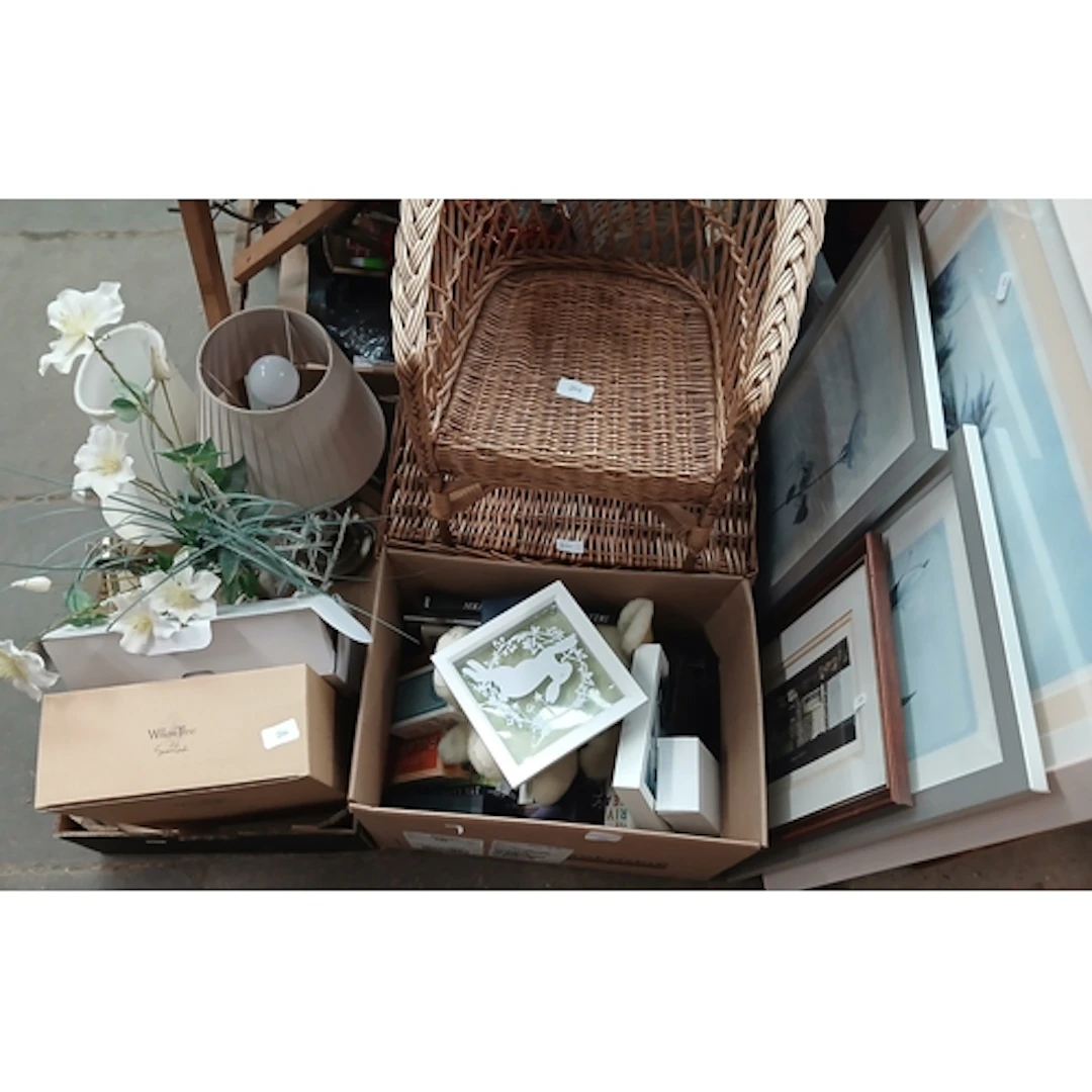 A mixed lot to include 4 prints, a wicker hamper and a wicke...