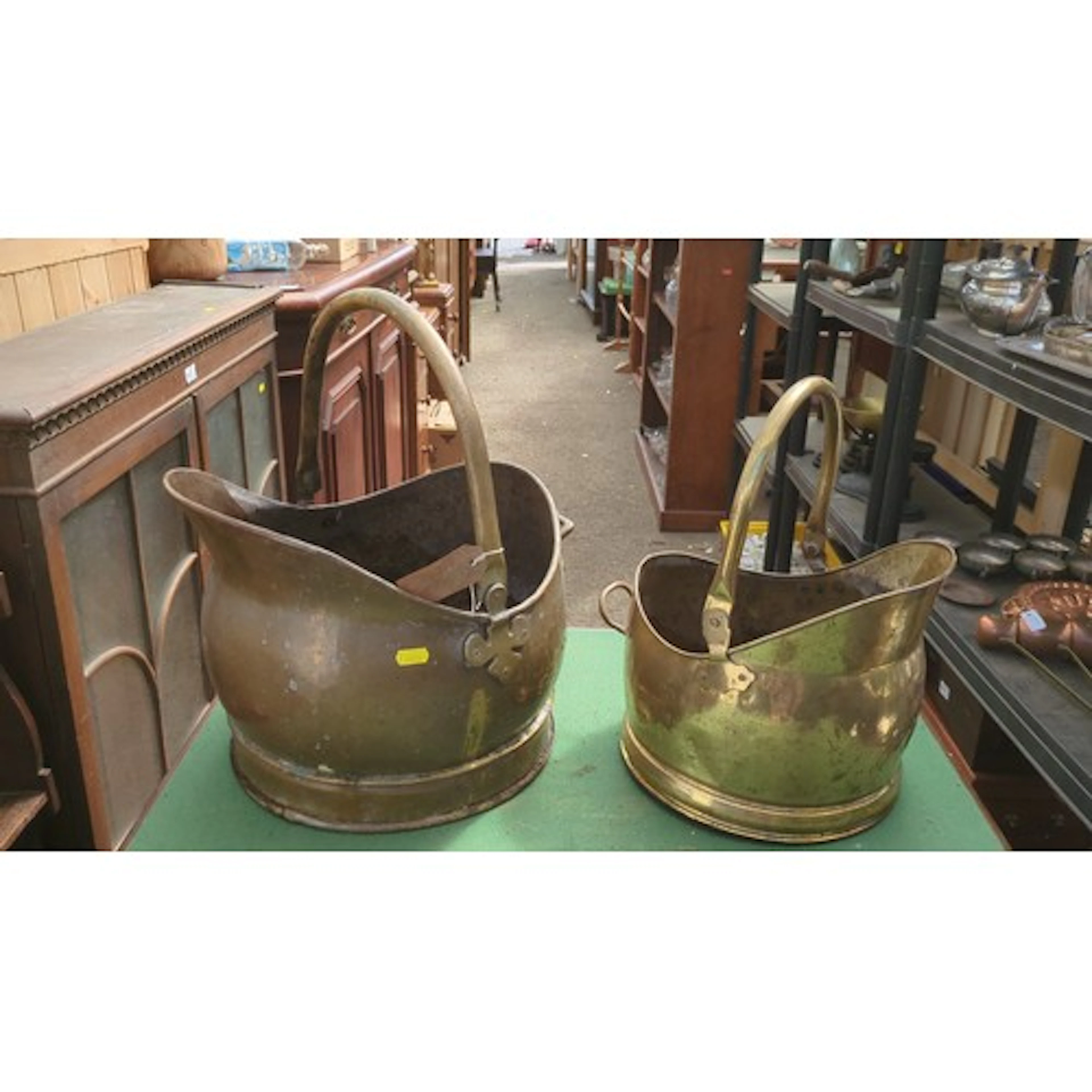 2 coal scuttles, 1 brass, 1 copper of rounded rectangular fo...