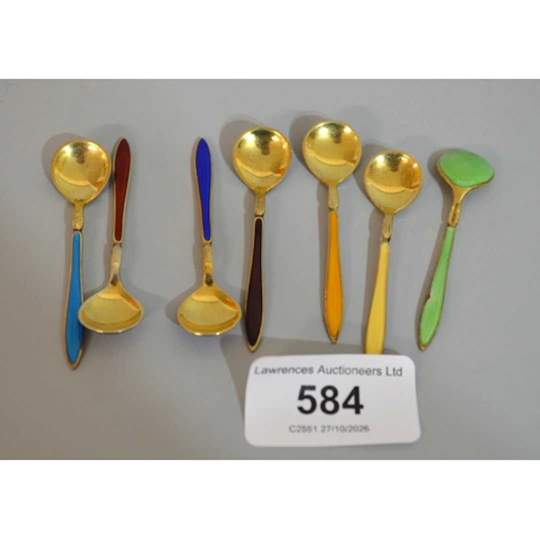 Set of seven Norwegian sterling silver gilt and coloured ena...