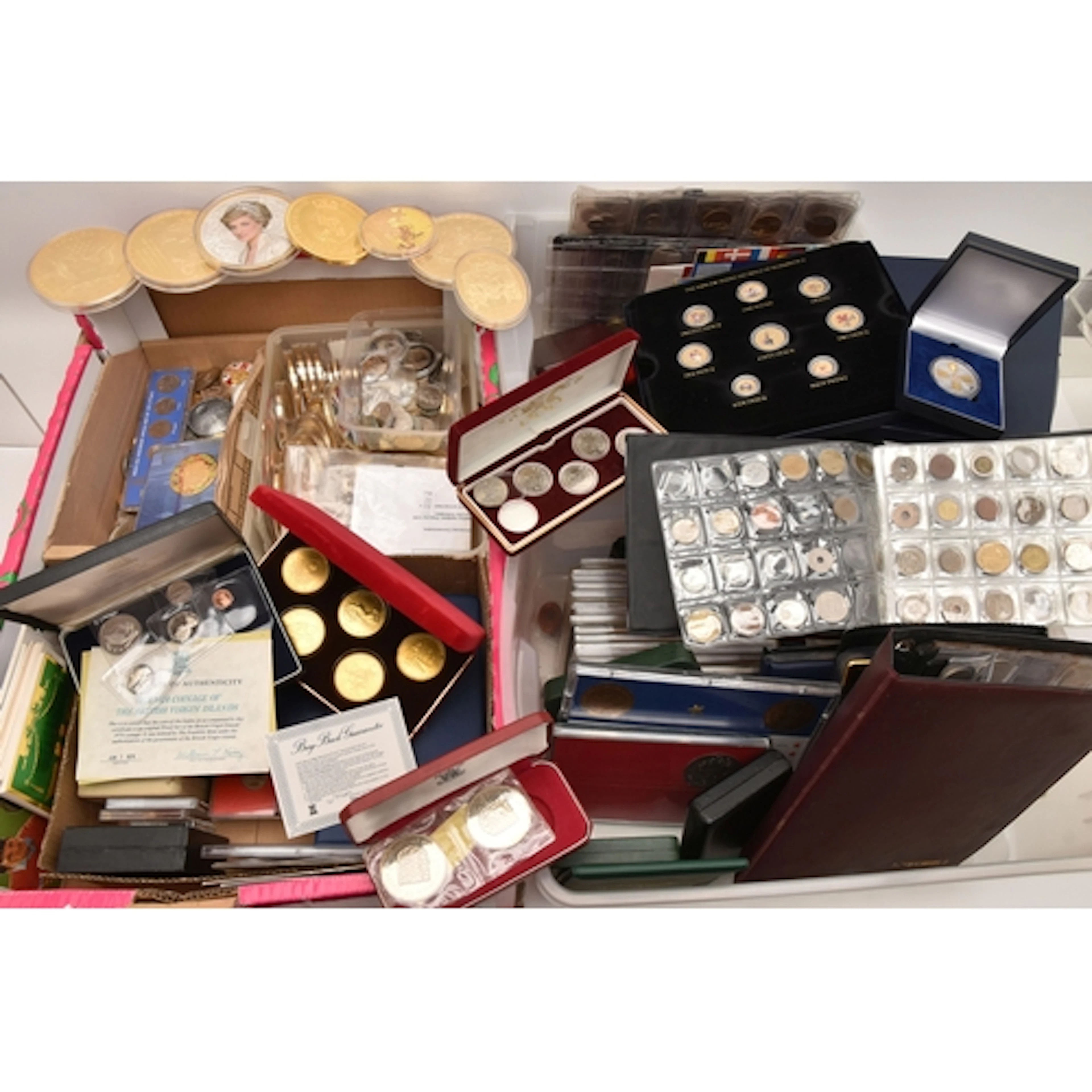 A LARGE AND HEAVY BOX 2 X PLASTIC BOXES OF WORLD COINS AND C...