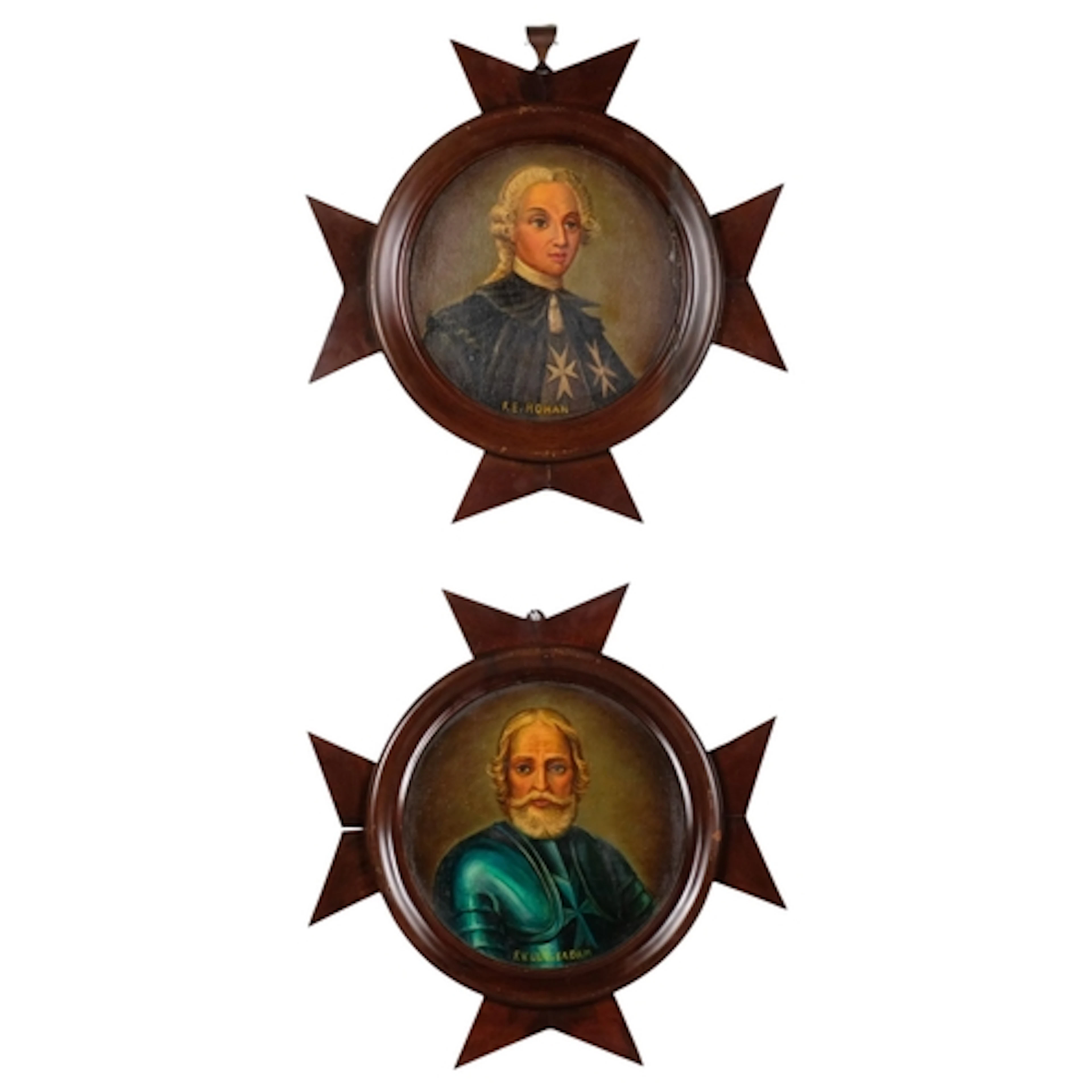 A pair of circular portraits of men wearing Maltese Cross in...