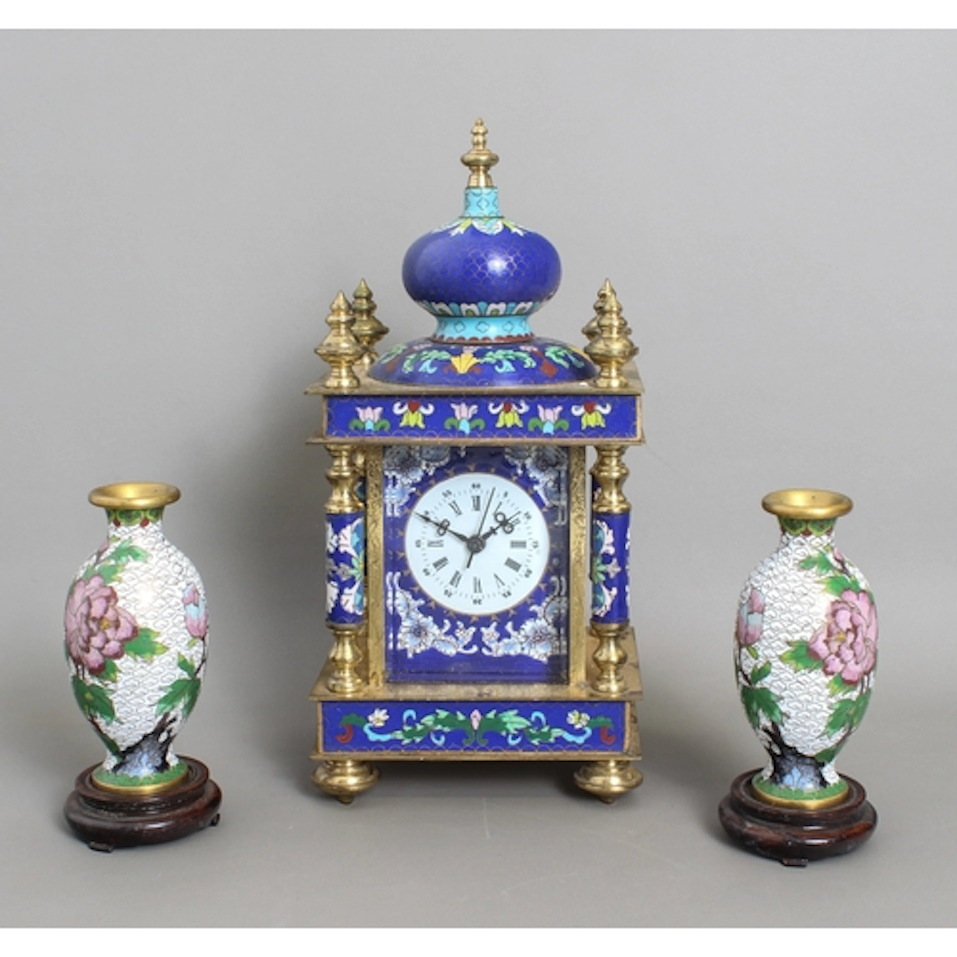 A Chinese brass and cloisonne enamel mantel clock - with mec...