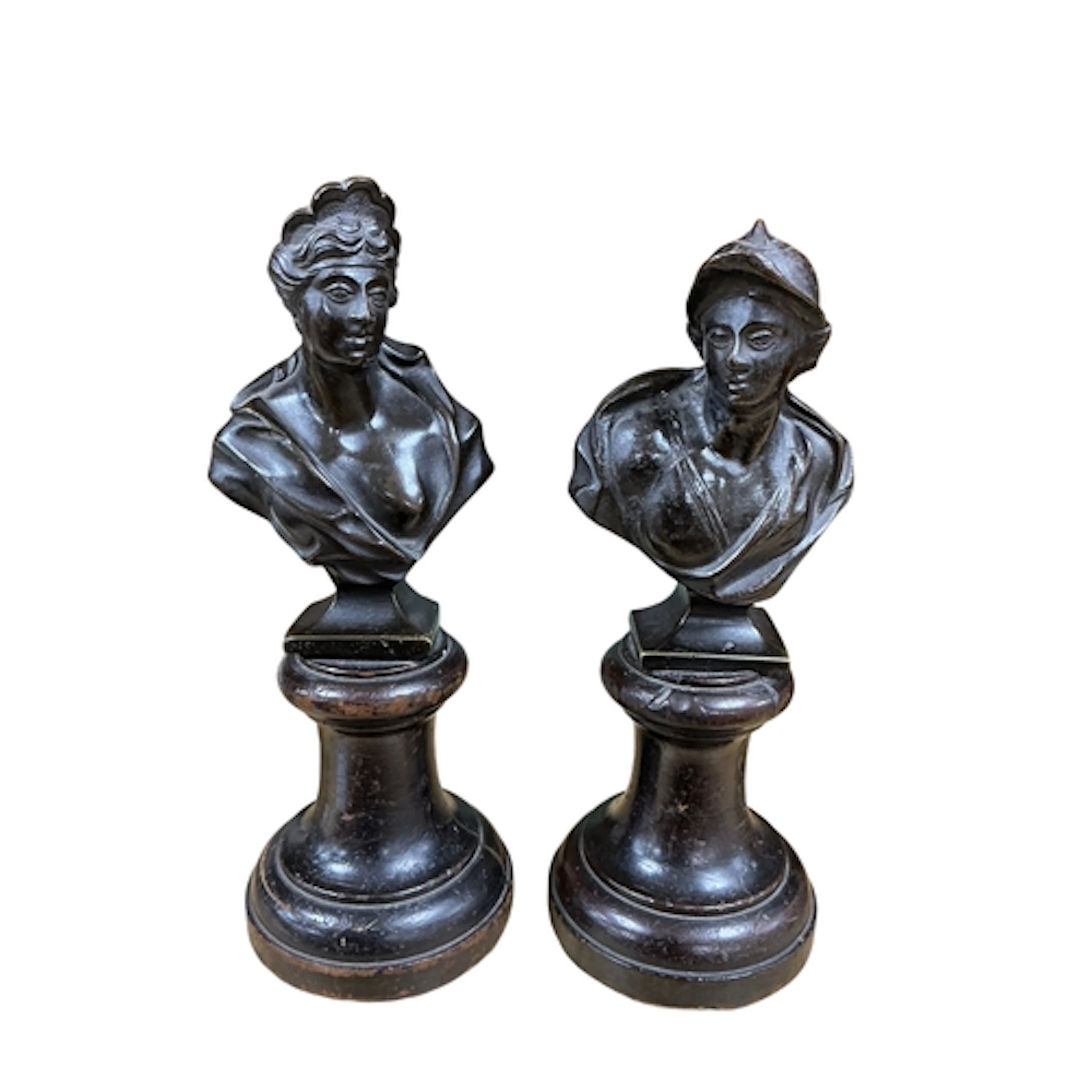 A pair of bronze Neo-Classical busts, each on ebonised socle...
