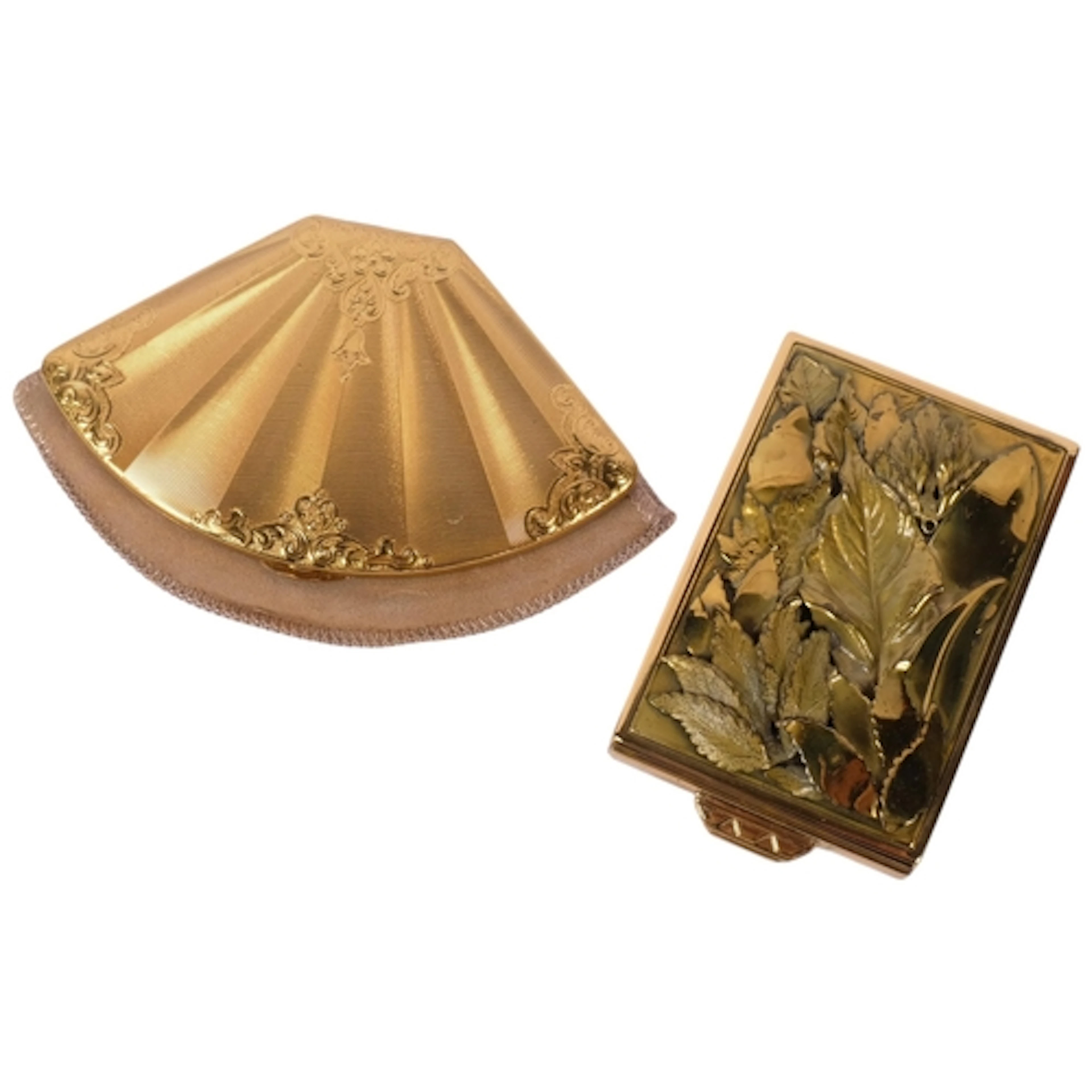 M & Lissa, a Vintage fan design brass compact, engine turned...