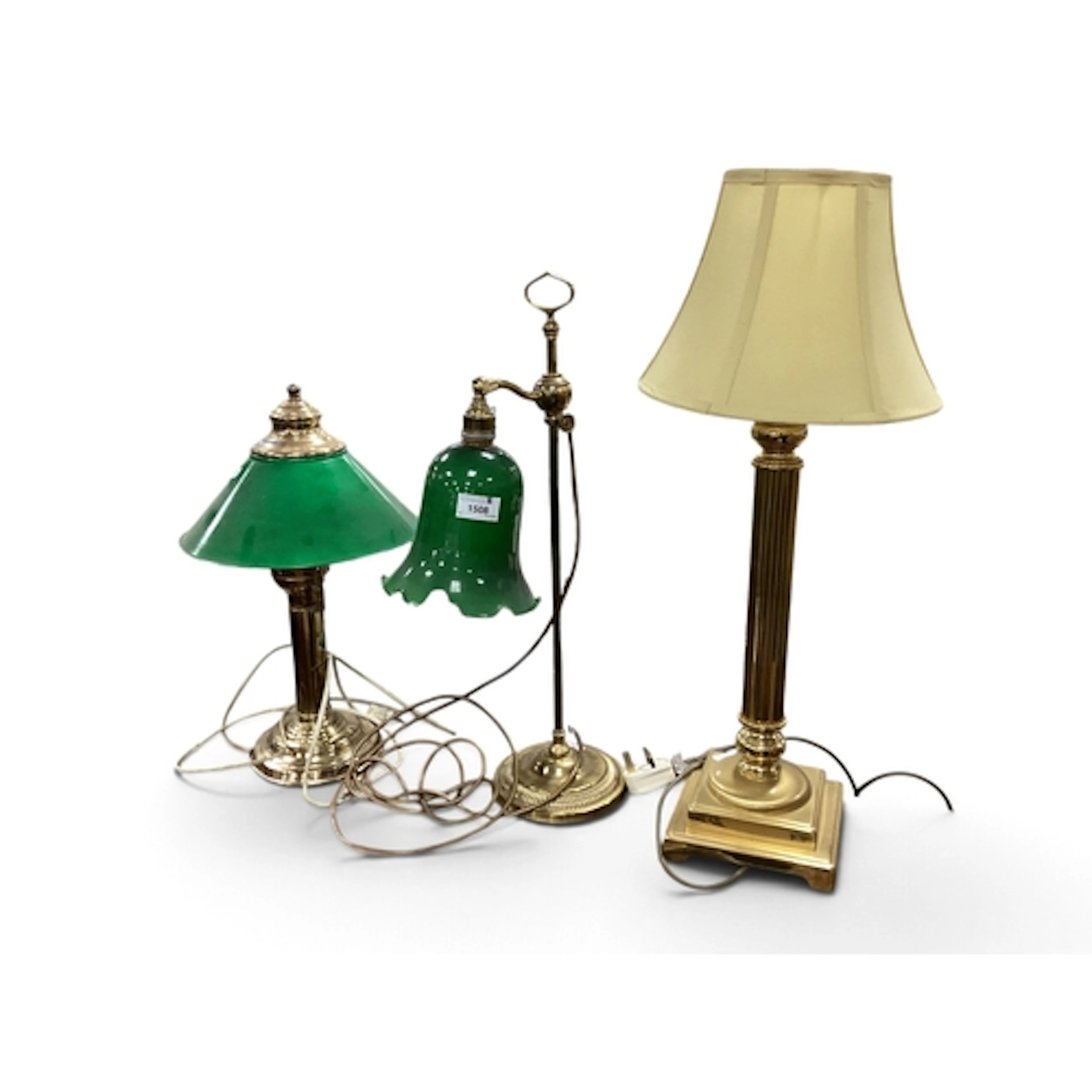 Brass Table Lamp, with green bell shaped shade, 53cm high, t...