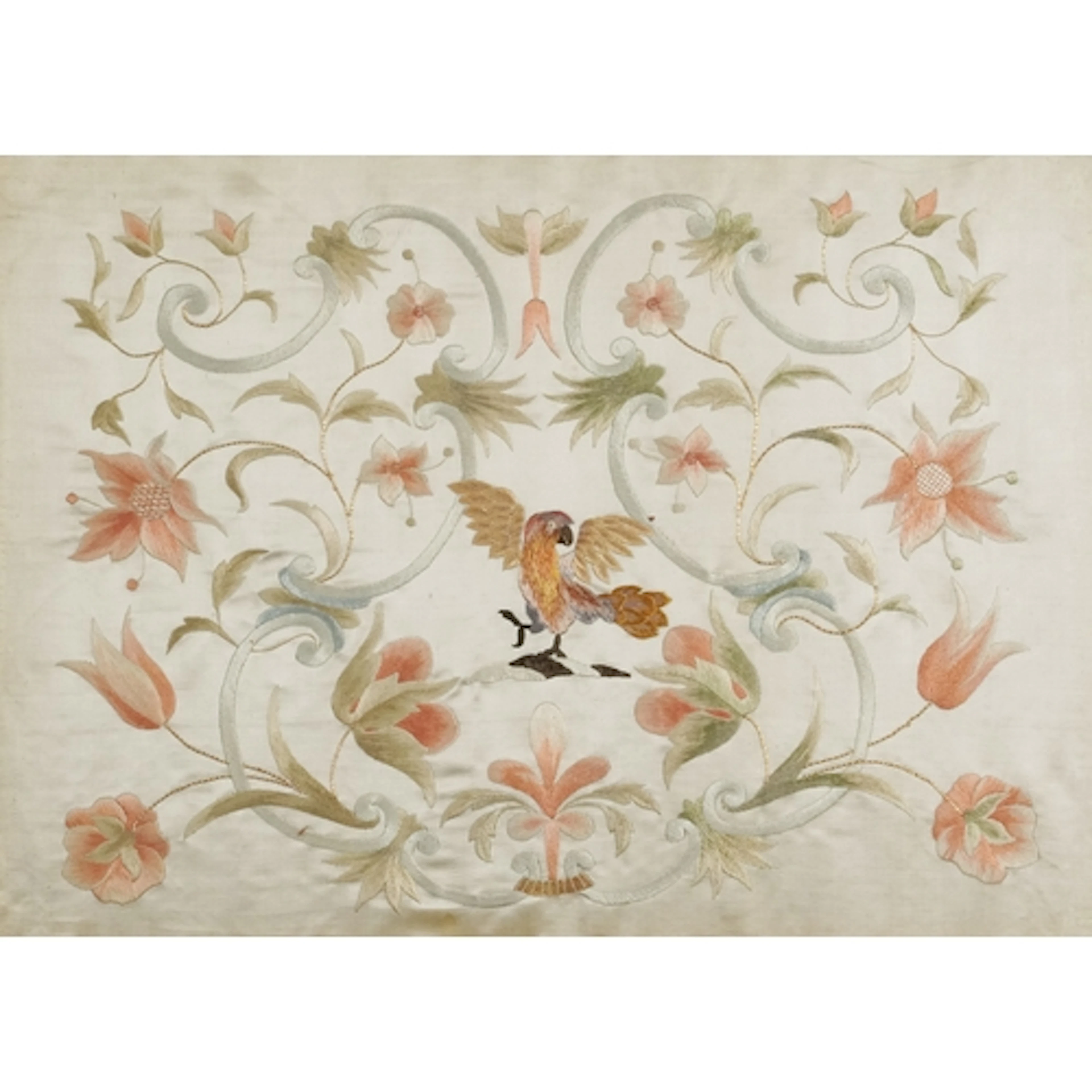 Antique silk work embroidery of a bird amongst scrolling fol...