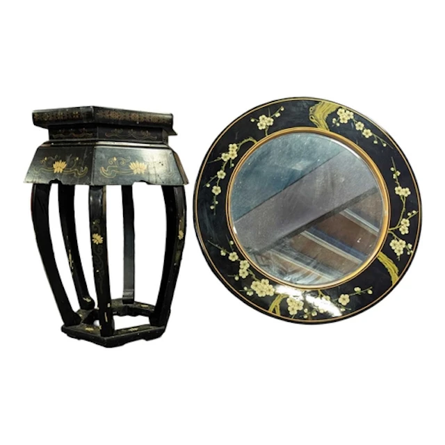 A 20th century Japanese black lacquered chinoiserie wall mir...
