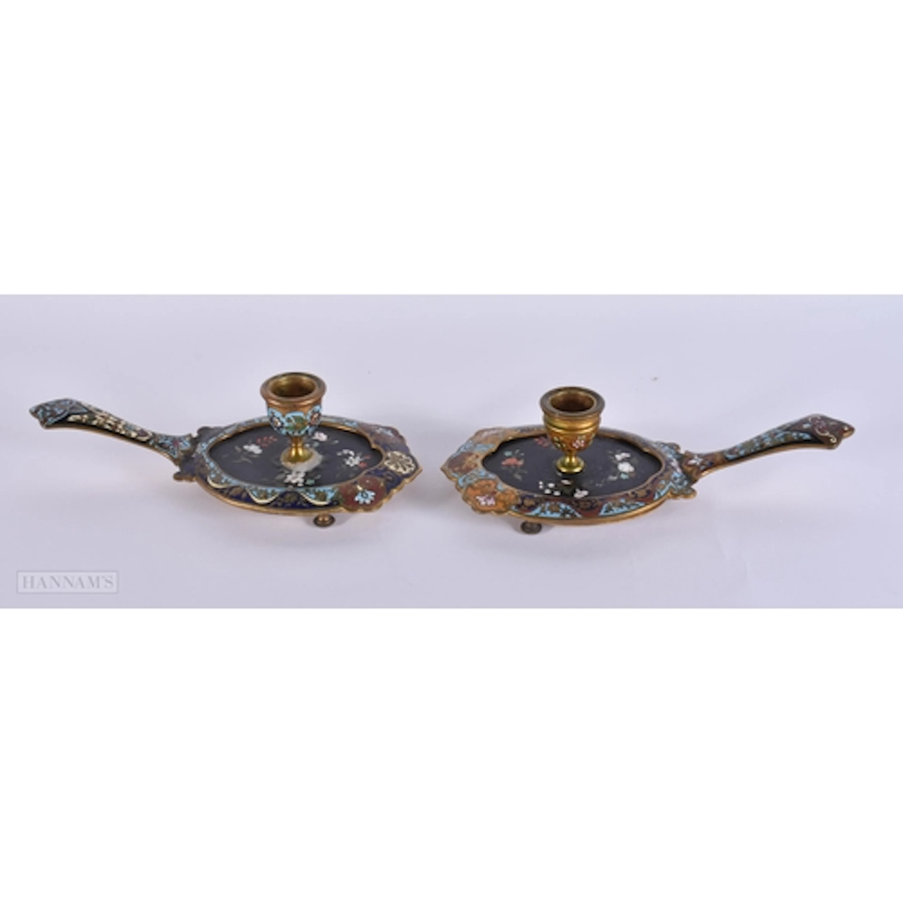 A PAIR OF 19TH CENTURY FRENCH PIETRA DURA CHAMPLEVE ENAMEL B...