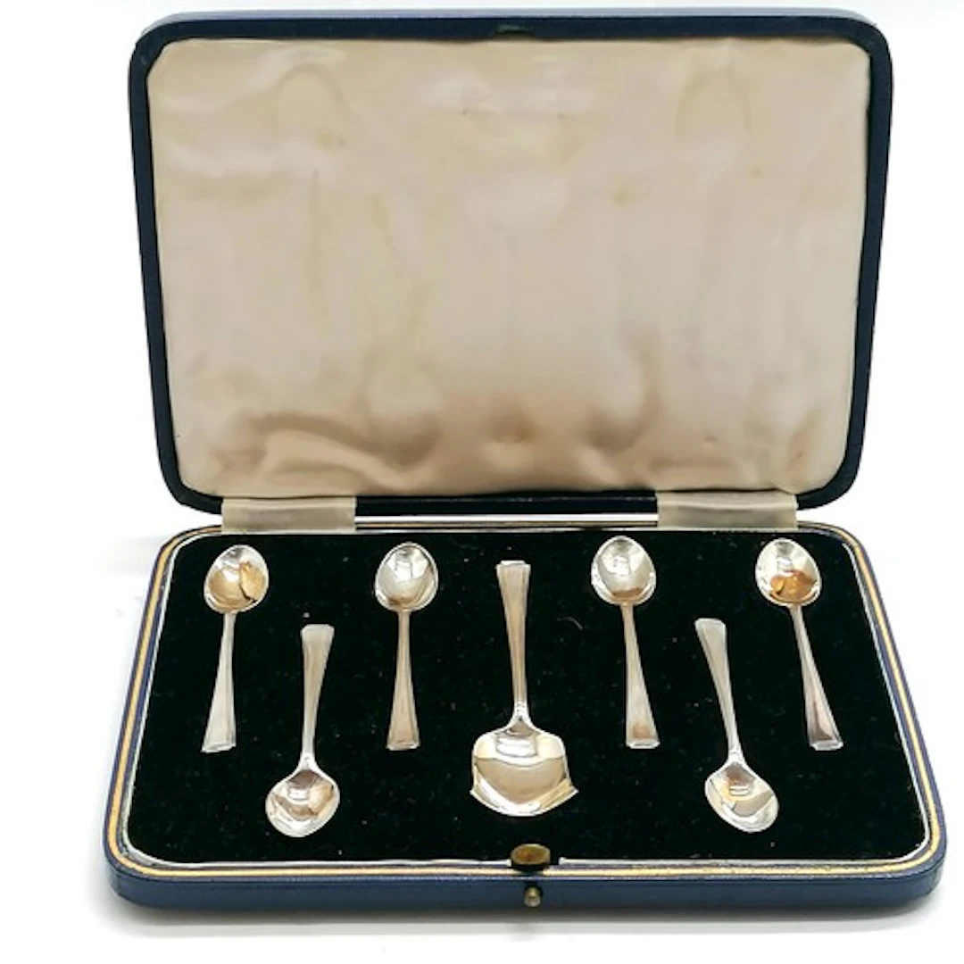 Art Deco 1938 silver coffee spoons + sugar scoop by Thomas B...