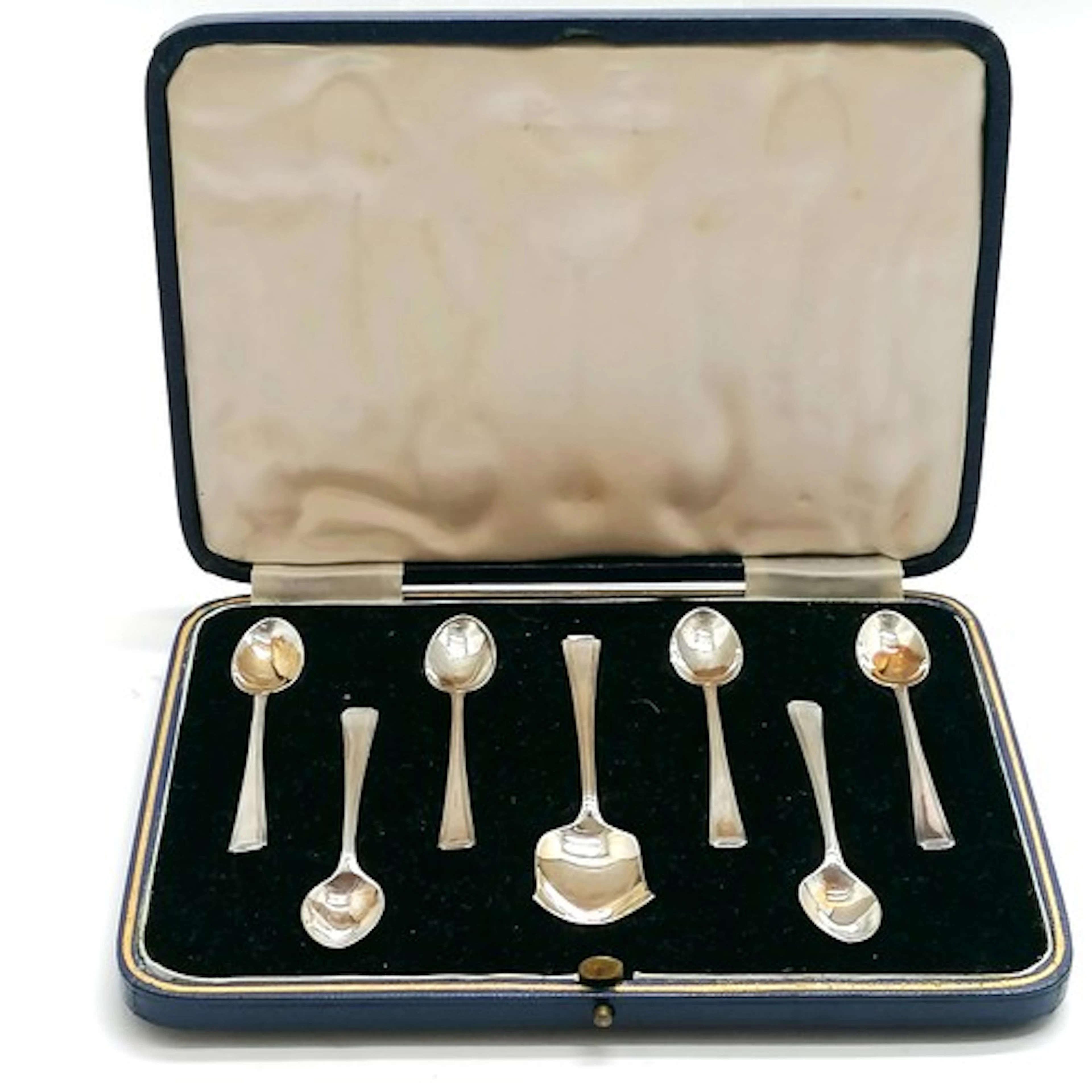 Art Deco 1938 silver coffee spoons + sugar scoop by Thomas B...