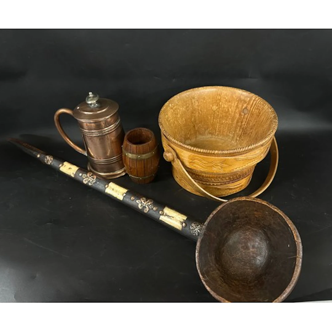 A Swiss carved milk bucket and wooden barrel pen holder, a l...