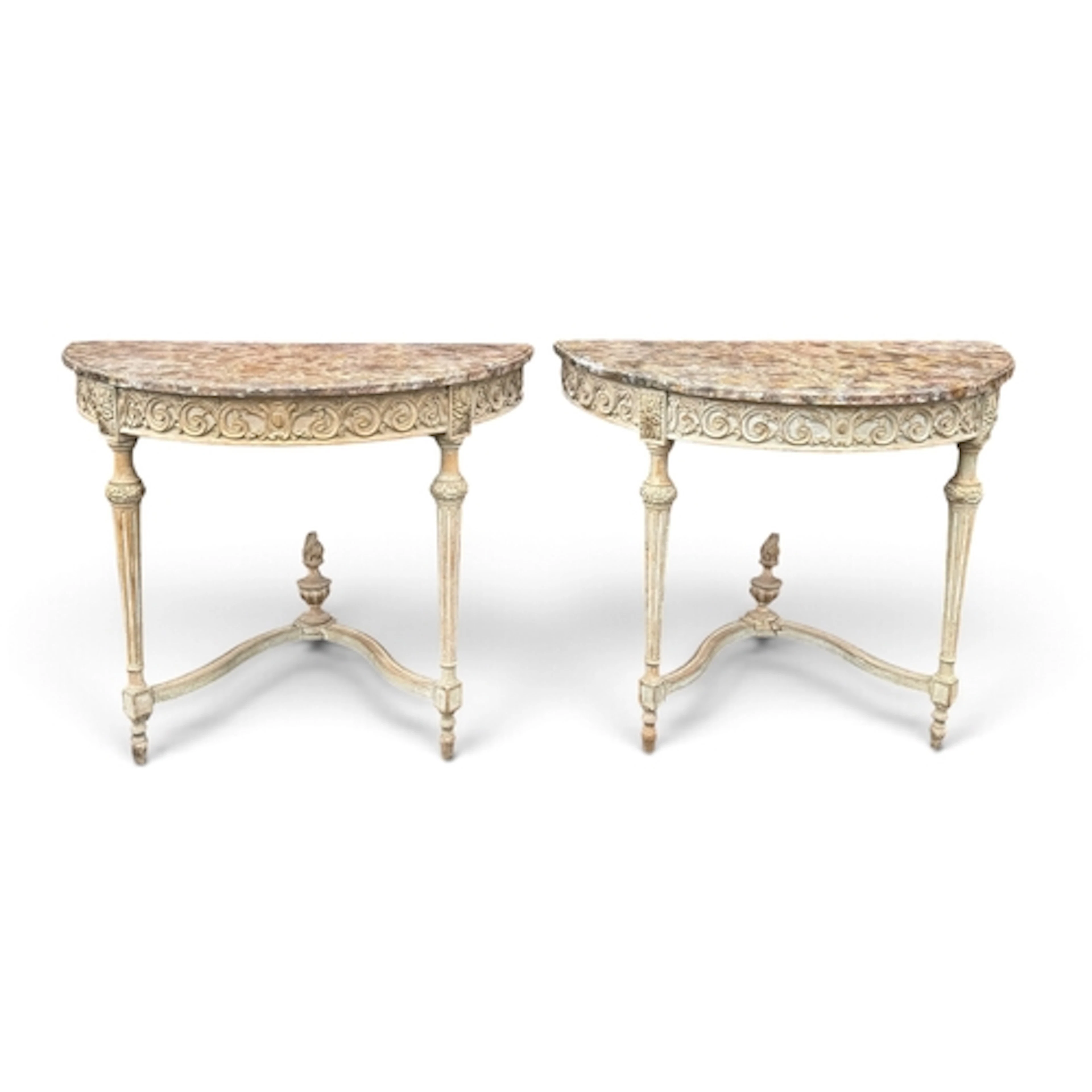 A MATCHED PAIR OF PAINTED DEMI LUNE TABLES With simulated ma...