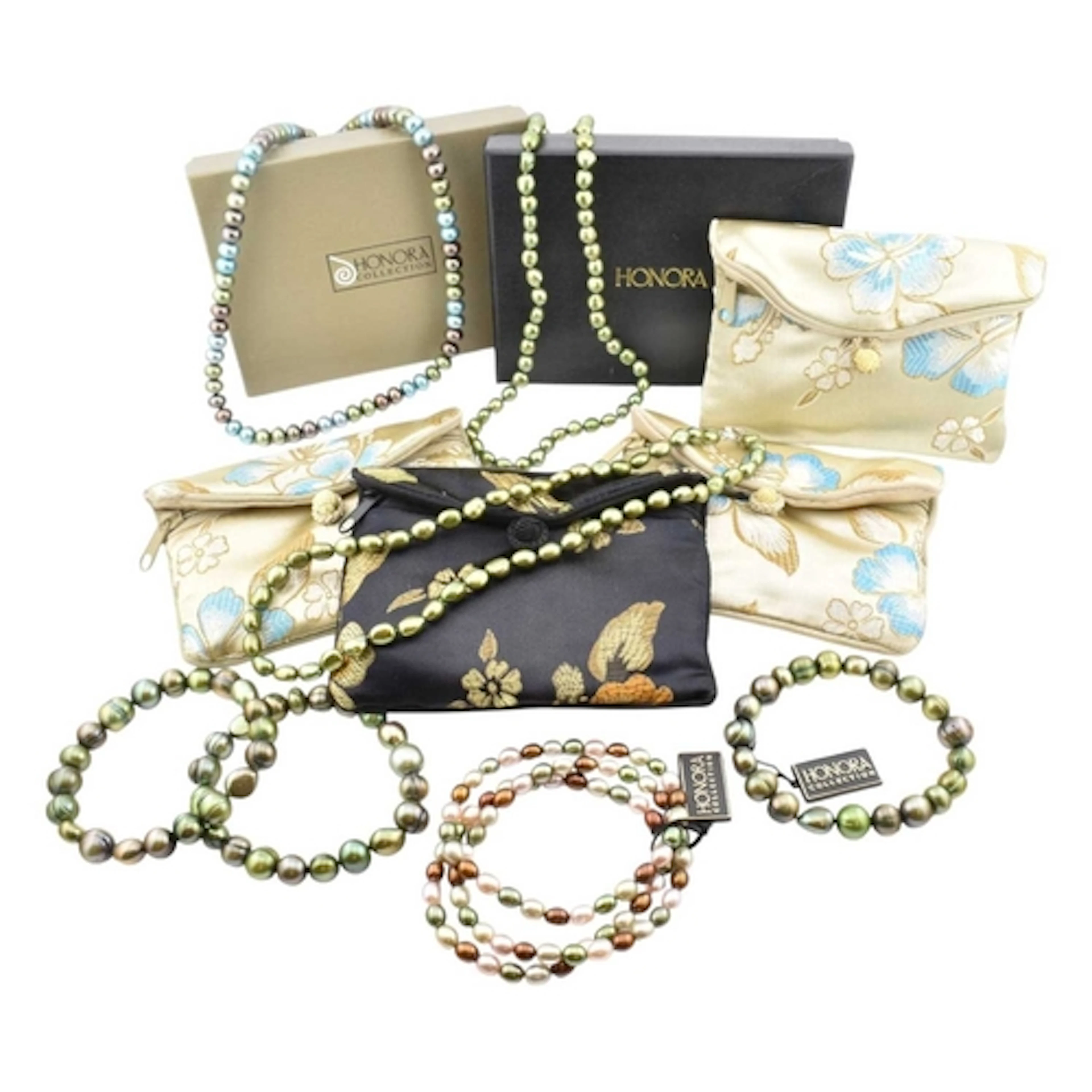 A selection of green Hornona freshwater cultured pearl neckl...