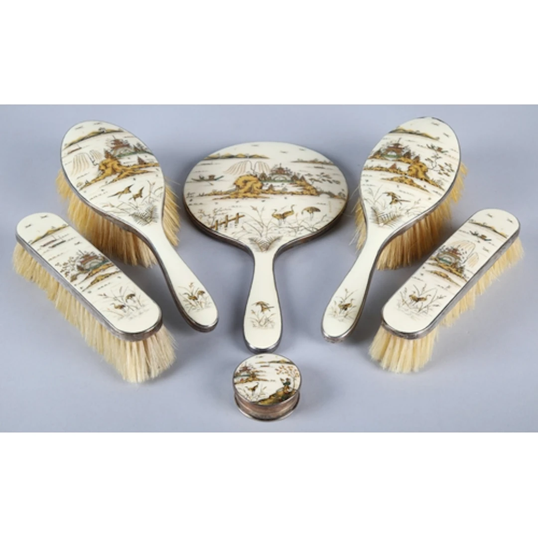George V Japonisme enamel and silver backed six piece dressi...
