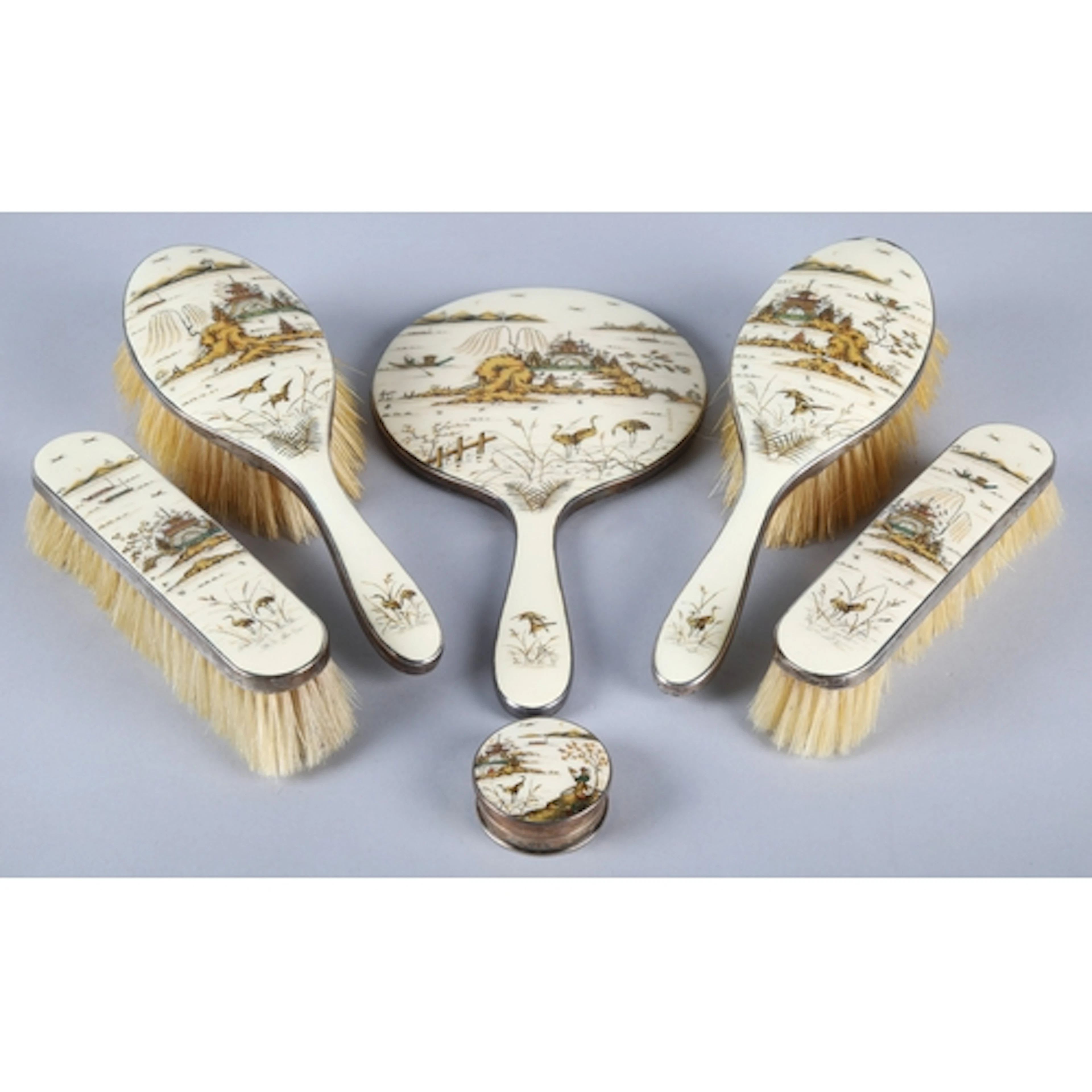 George V Japonisme enamel and silver backed six piece dressi...