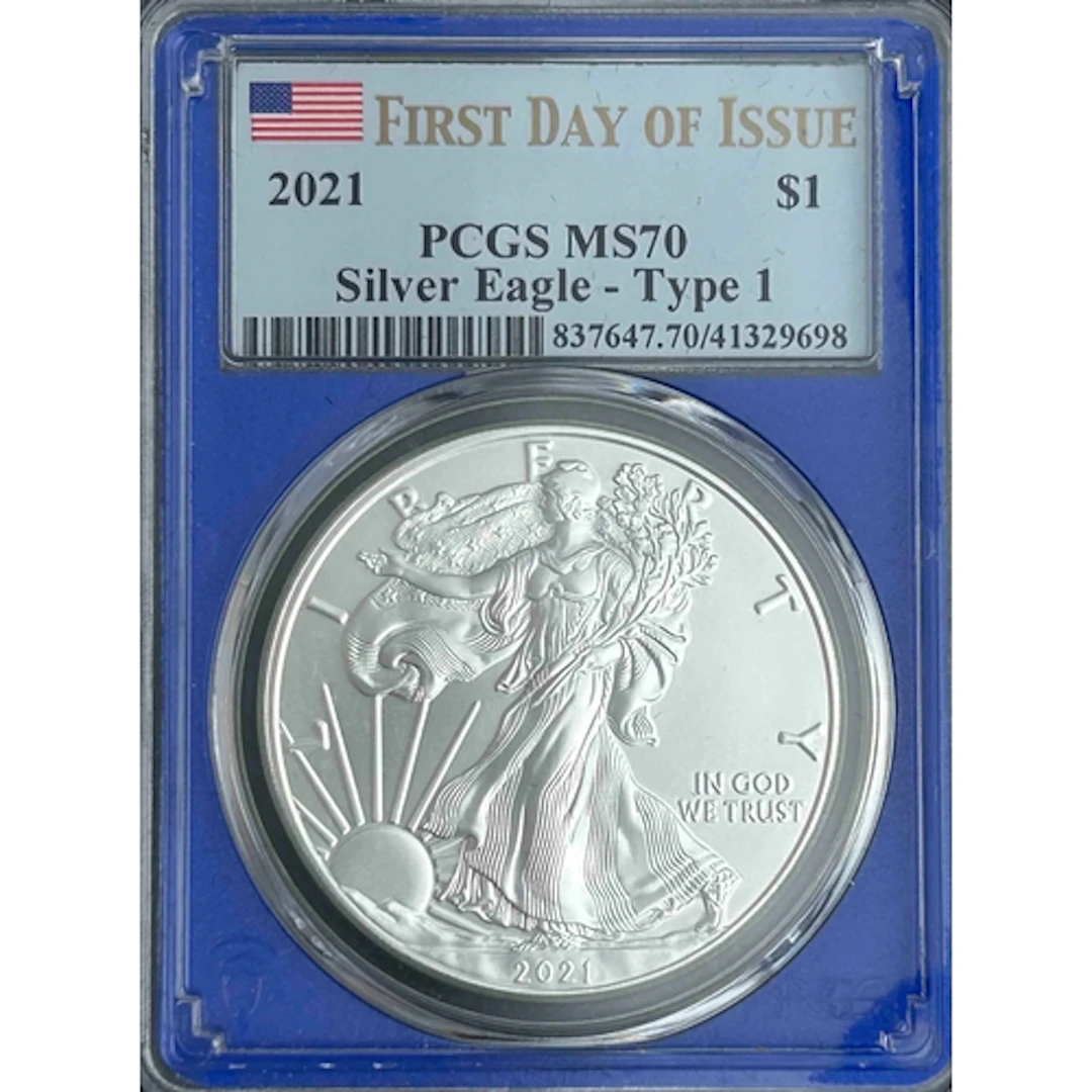 2021 USA $1 silver Eagle (Type 1) coin, First Day of Issue, ...
