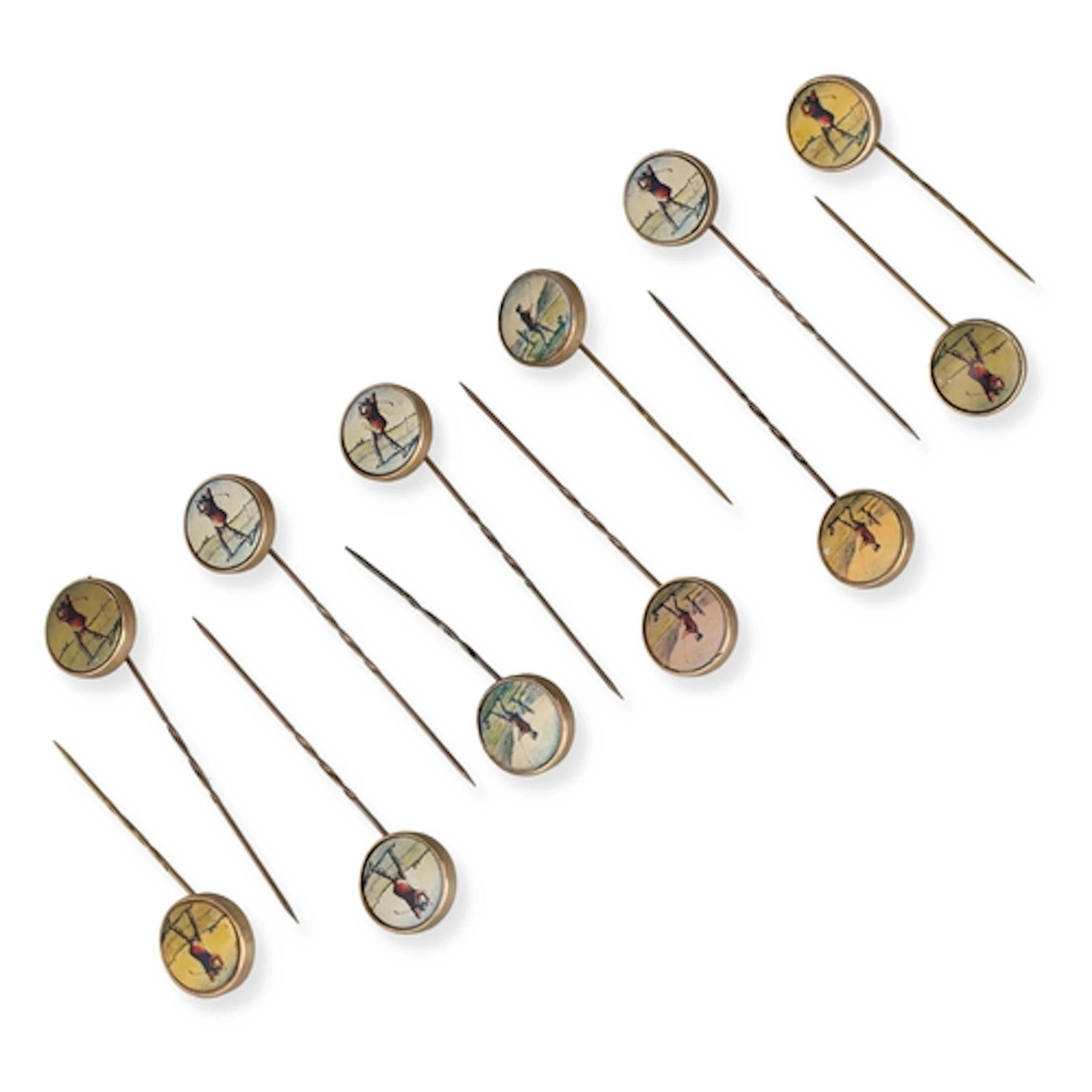 A SET OF TWELVE 9CT GOLD NOVELTY GOLF STICK PINS Each with p...