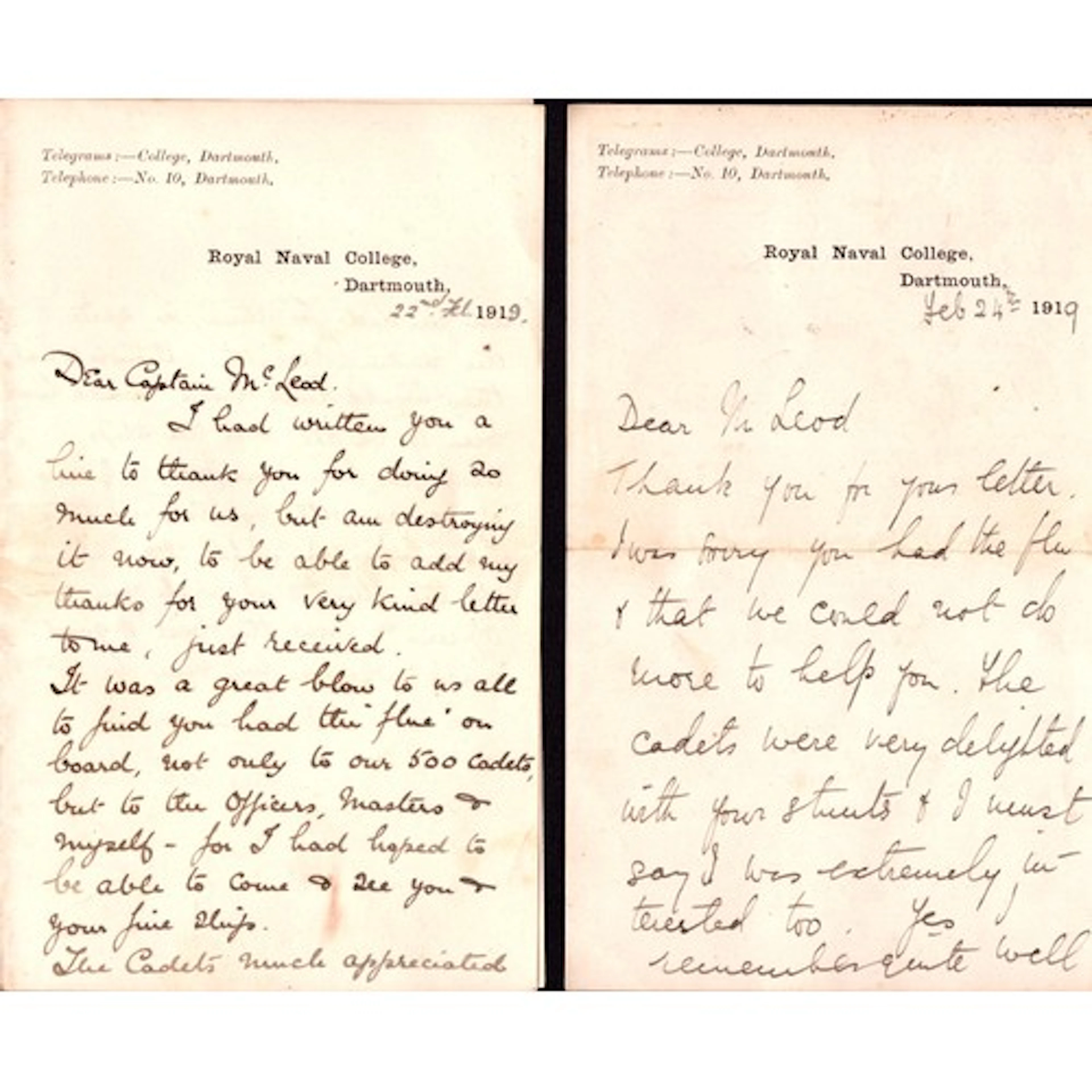 2 x 1919 Royal Naval College, Dartmouth hand written letters...