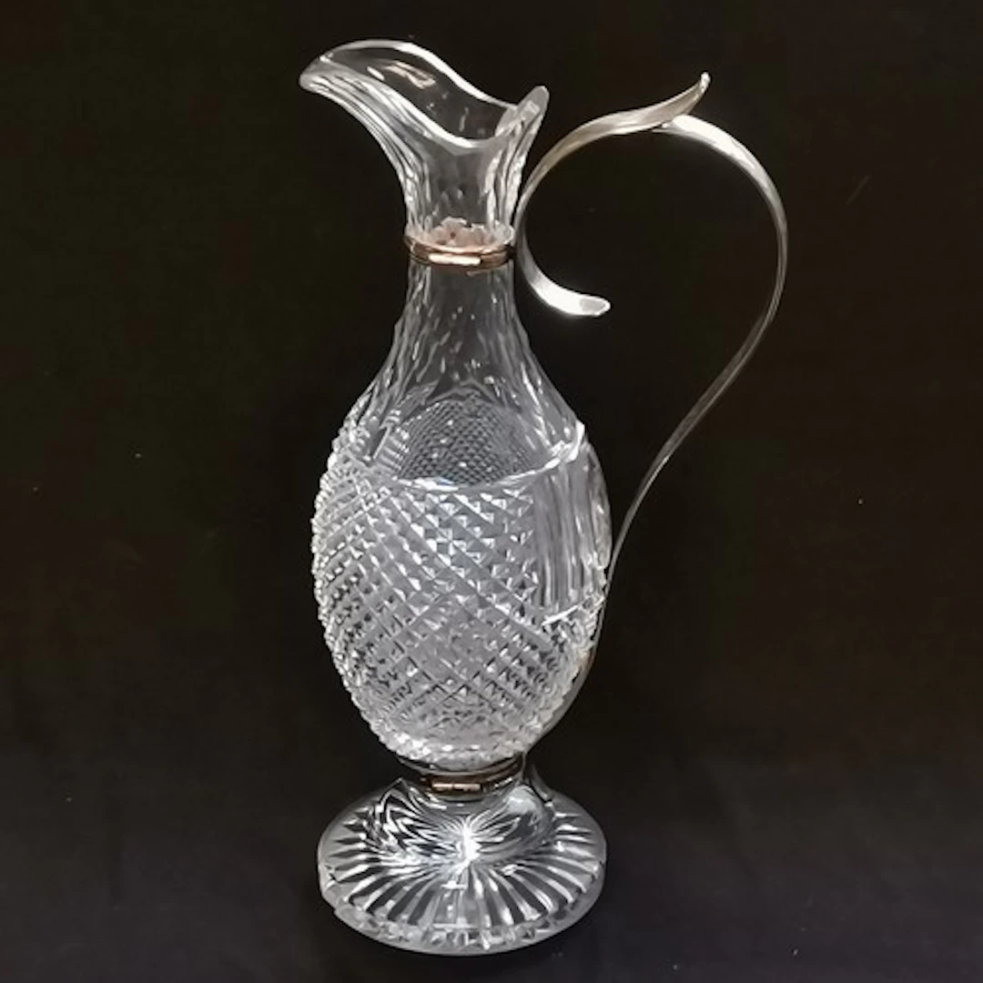 Antique C1850 diamond cut lead crystal ewer with silver plat...