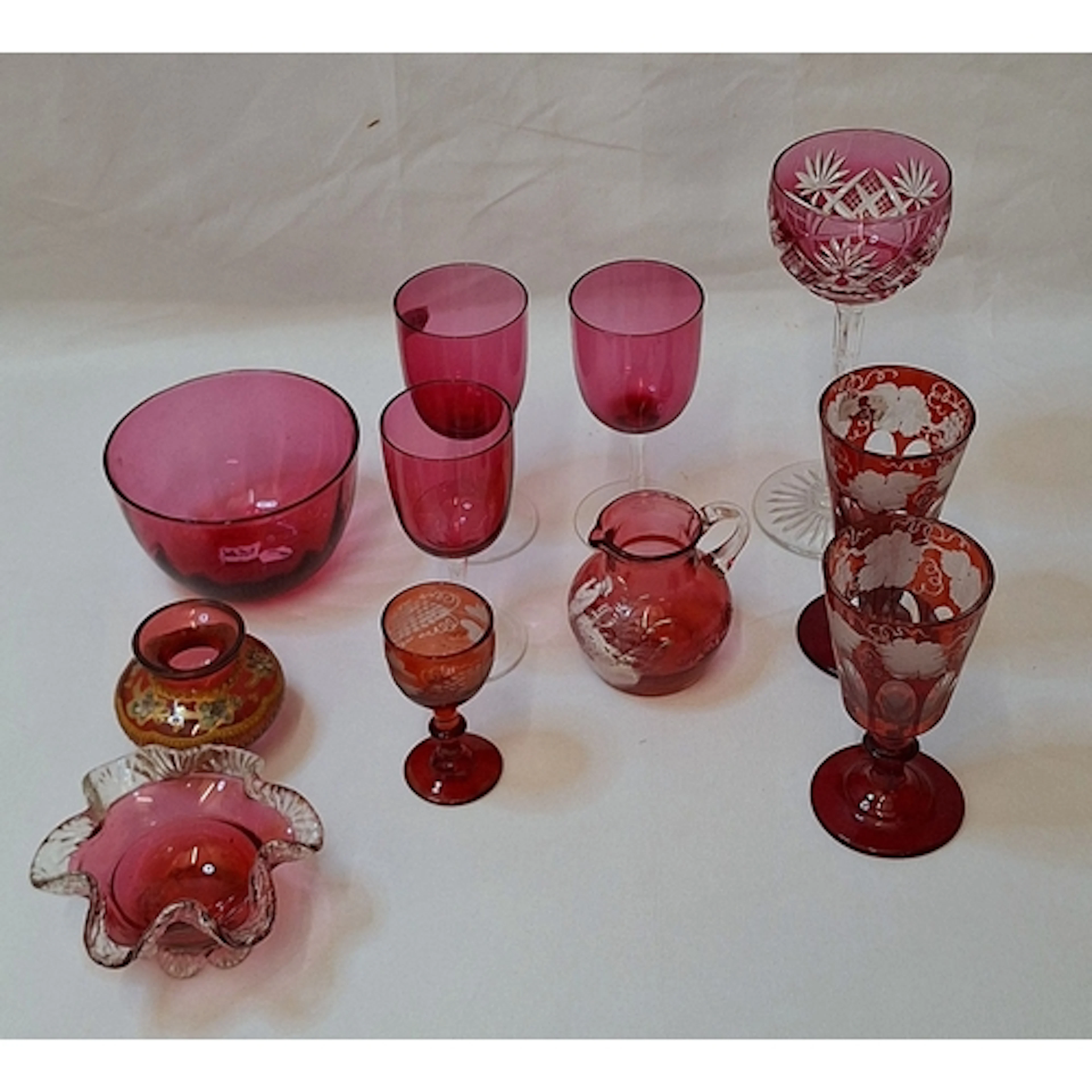 Cranberry Glass Mary Gregory Style Jug, 2 cut to clear goble...