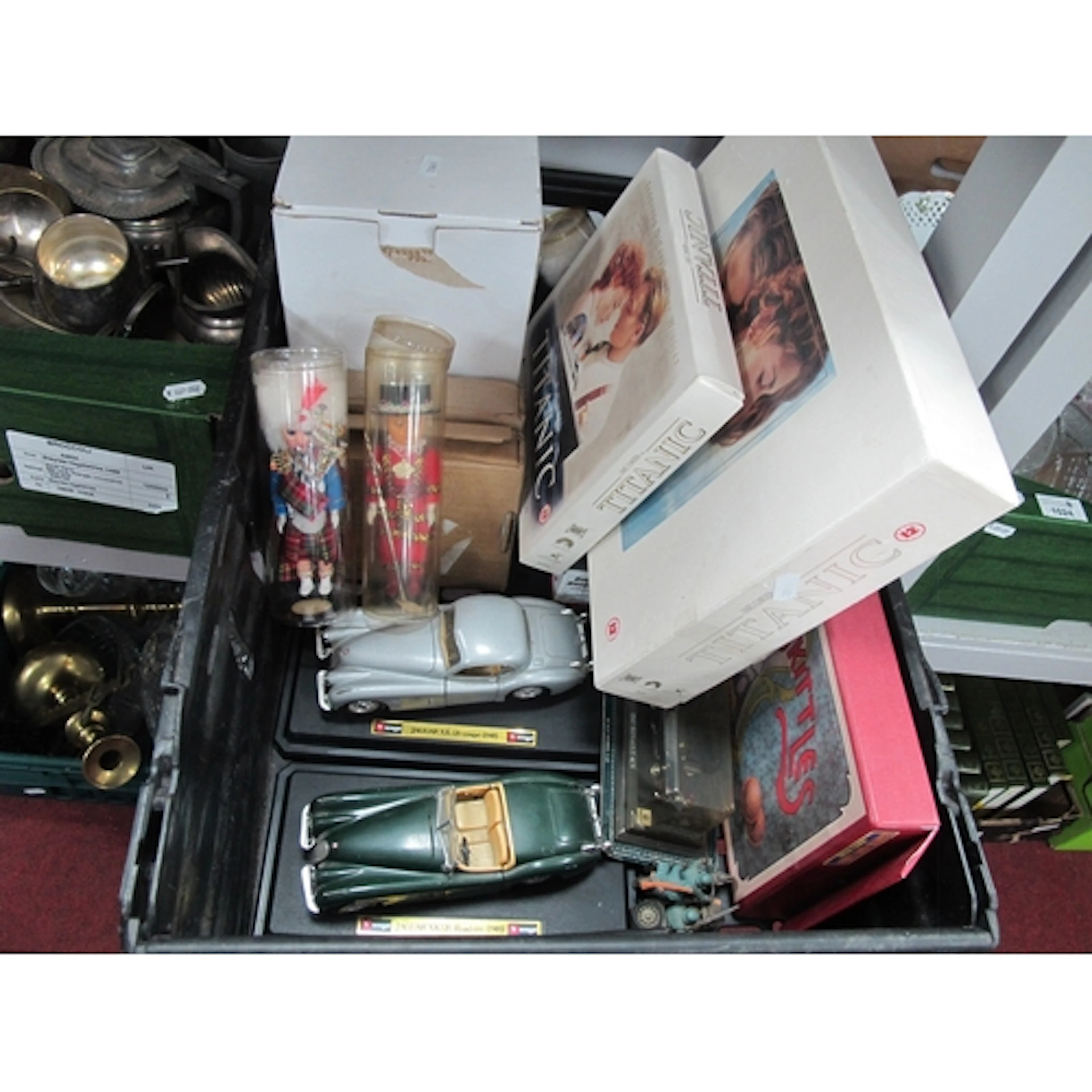 Burago Jaguar (x 2) and Other Models, Titanic vhs movie sets...