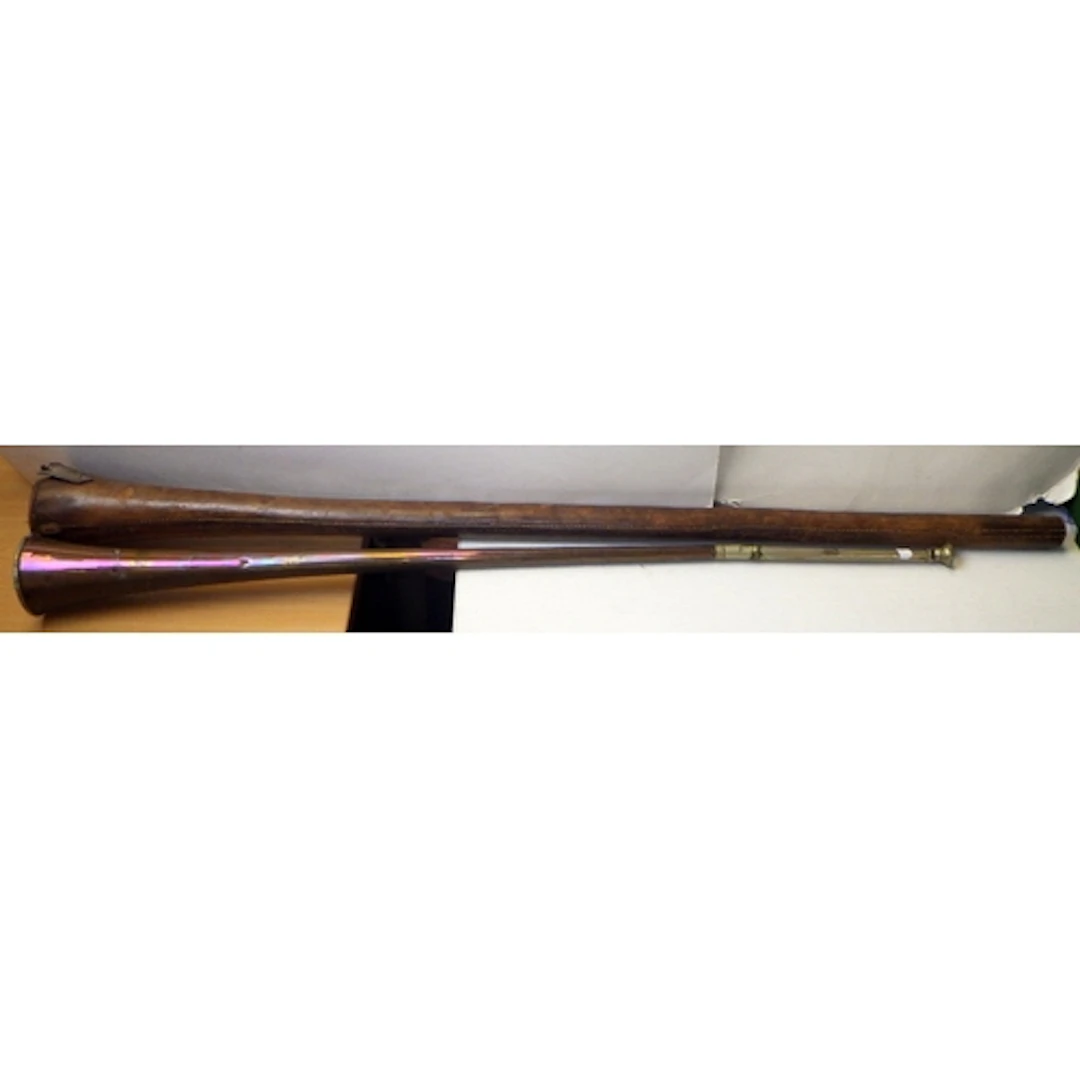 A leather cased hunting horn AF