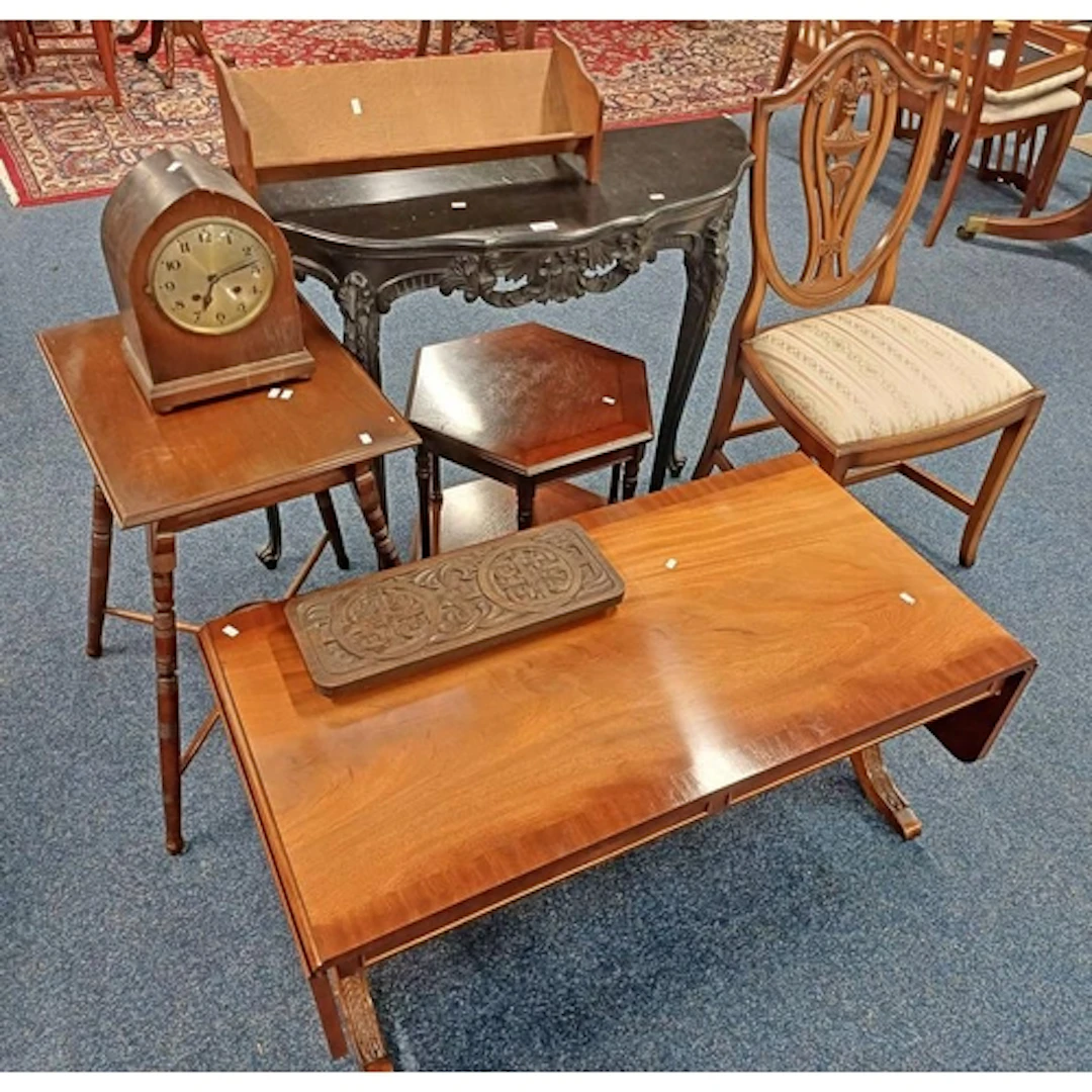 PAINTED SIDE TABLE, MAHOGANY SQUARE OCCASION TABLE, MANTLE C...