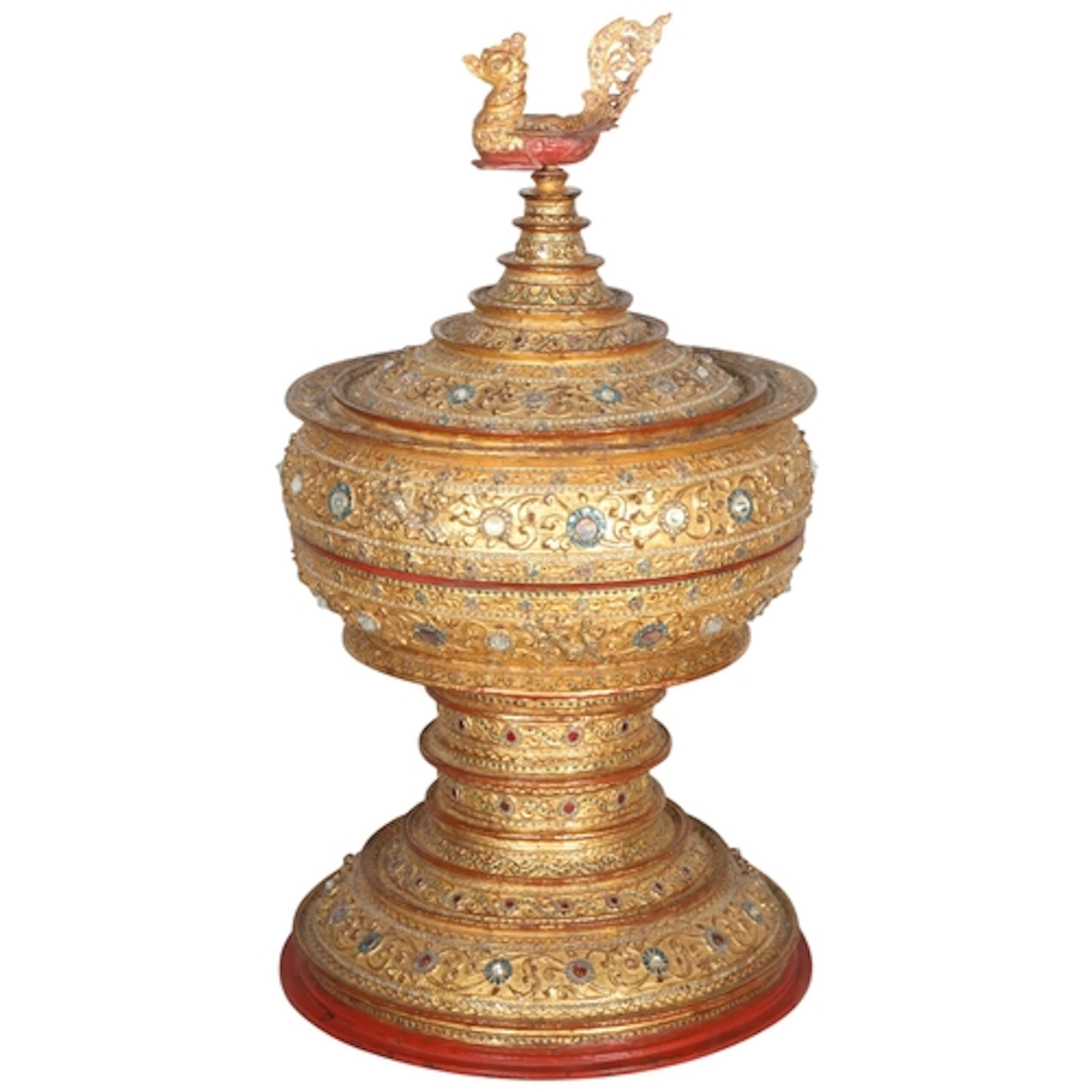 A large antique Burmese spired top food offering vessel. Bow...